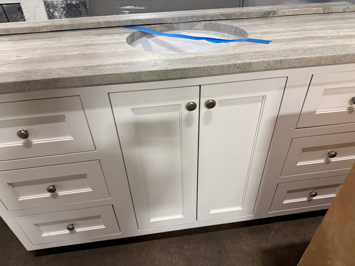 High-end architectural white primary bath sink base in alternative display angle