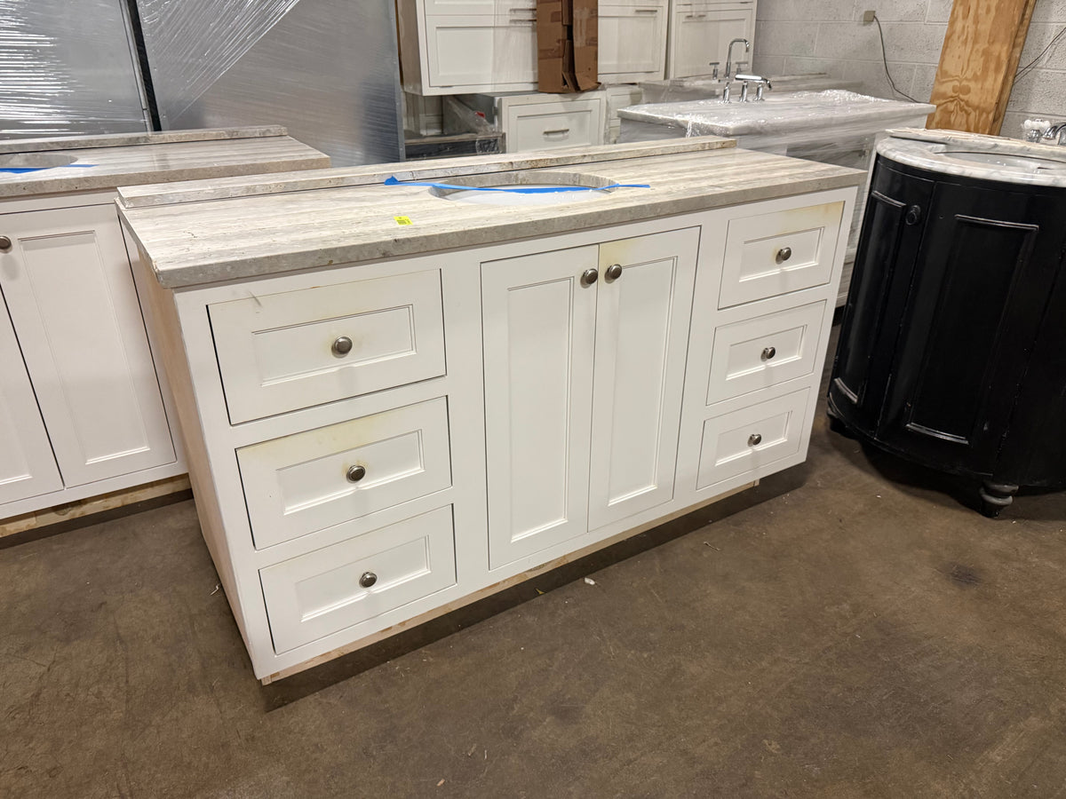 large wood vanity cabinet with soft close drawers and doors