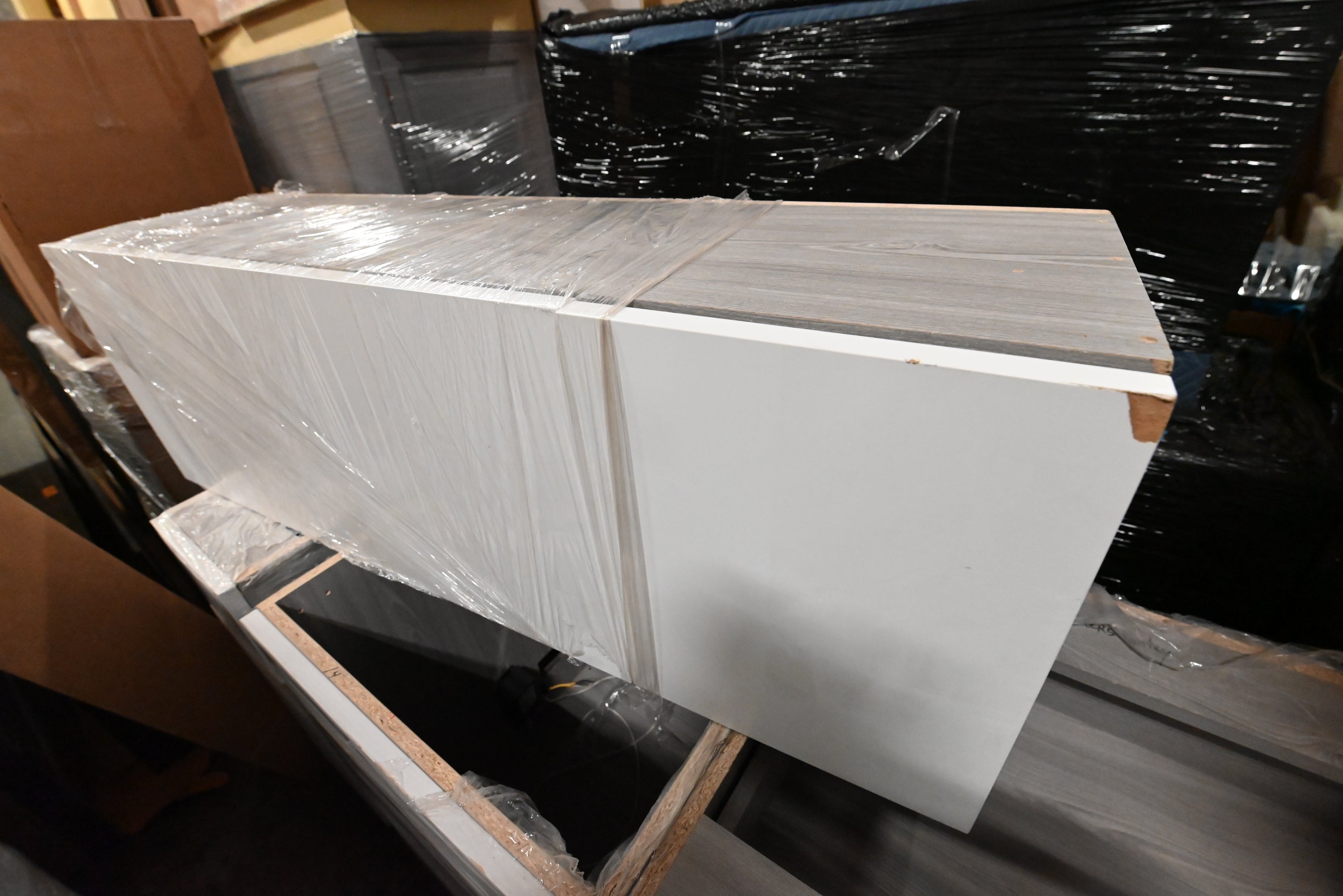 "The Strata" Modern White Textured Wood Kitchen with Island and Quartz Countertops