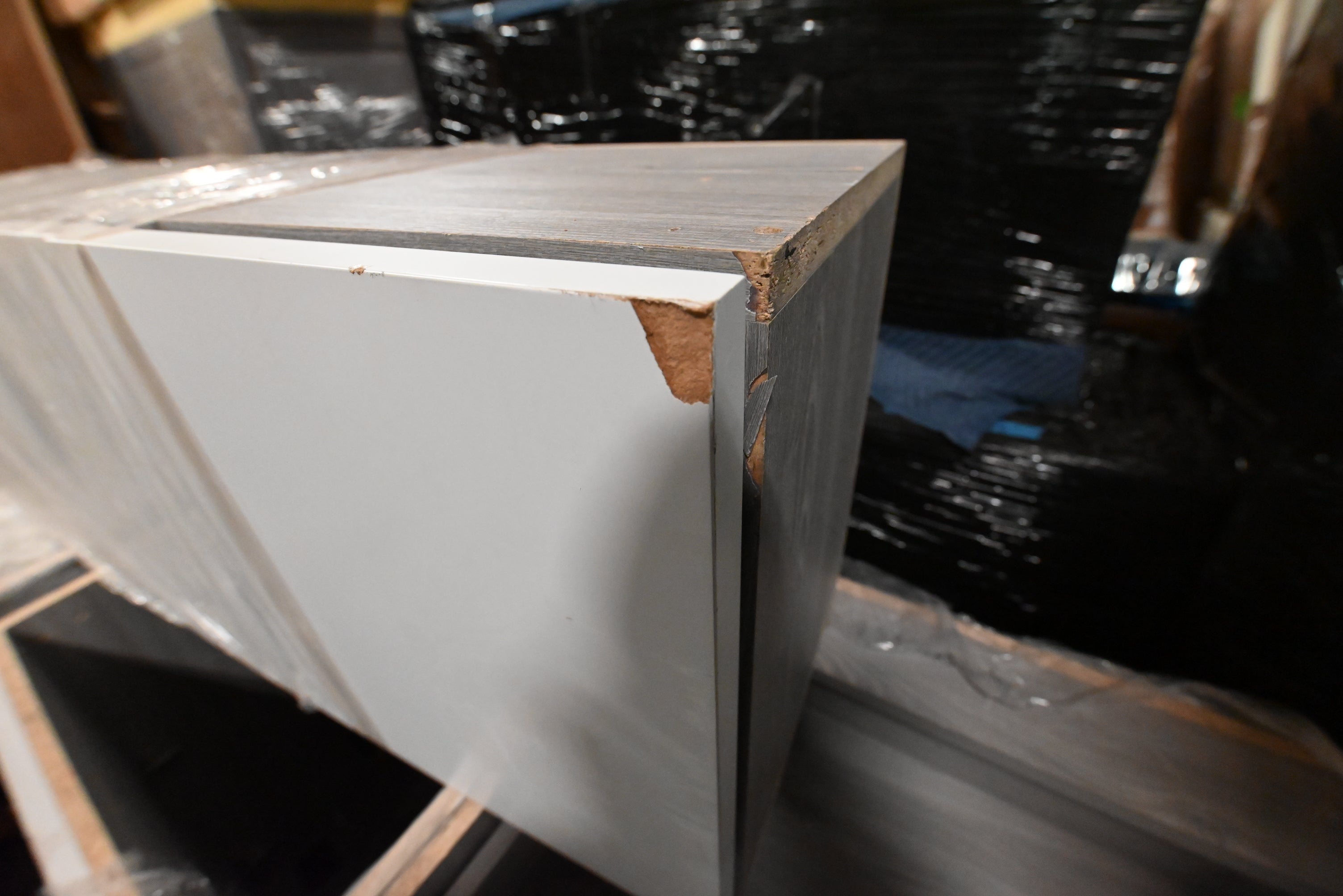"The Strata" Modern White Textured Wood Kitchen with Island and Quartz Countertops