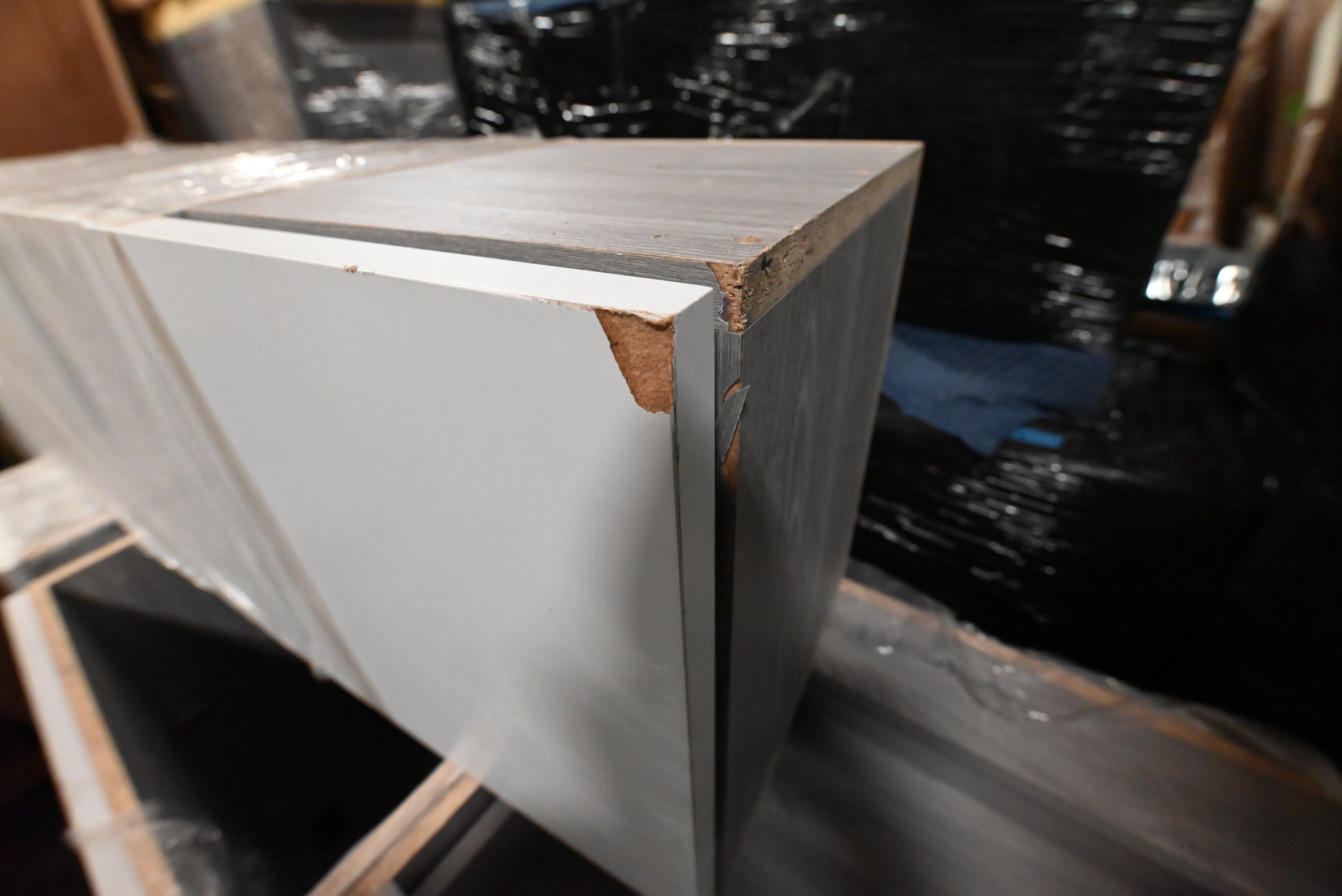 "The Strata" Modern White Textured Wood Kitchen with Island and Quartz Countertops