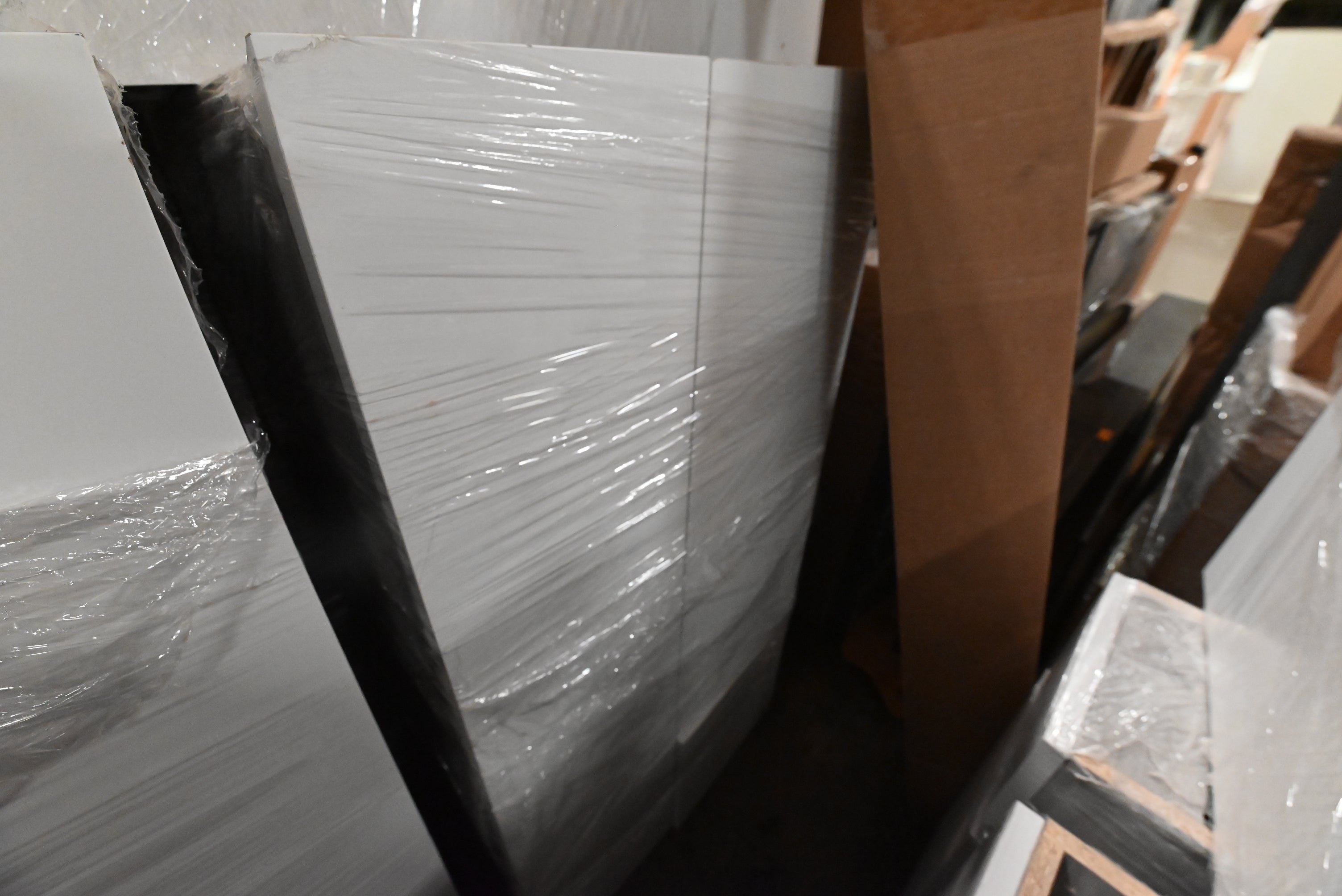 "The Strata" Modern White Textured Wood Kitchen with Island and Quartz Countertops