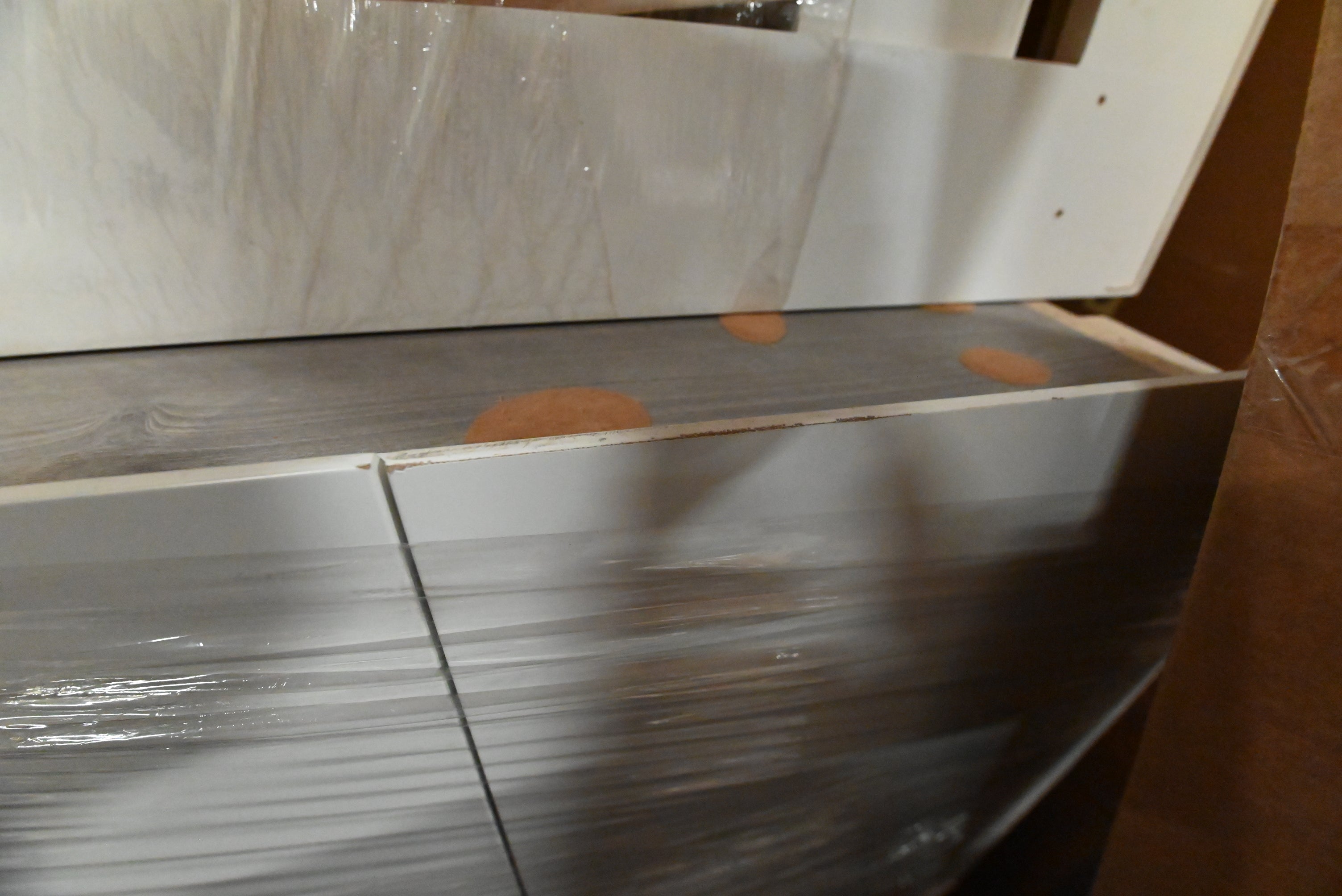 "The Strata" Modern White Textured Wood Kitchen with Island and Quartz Countertops