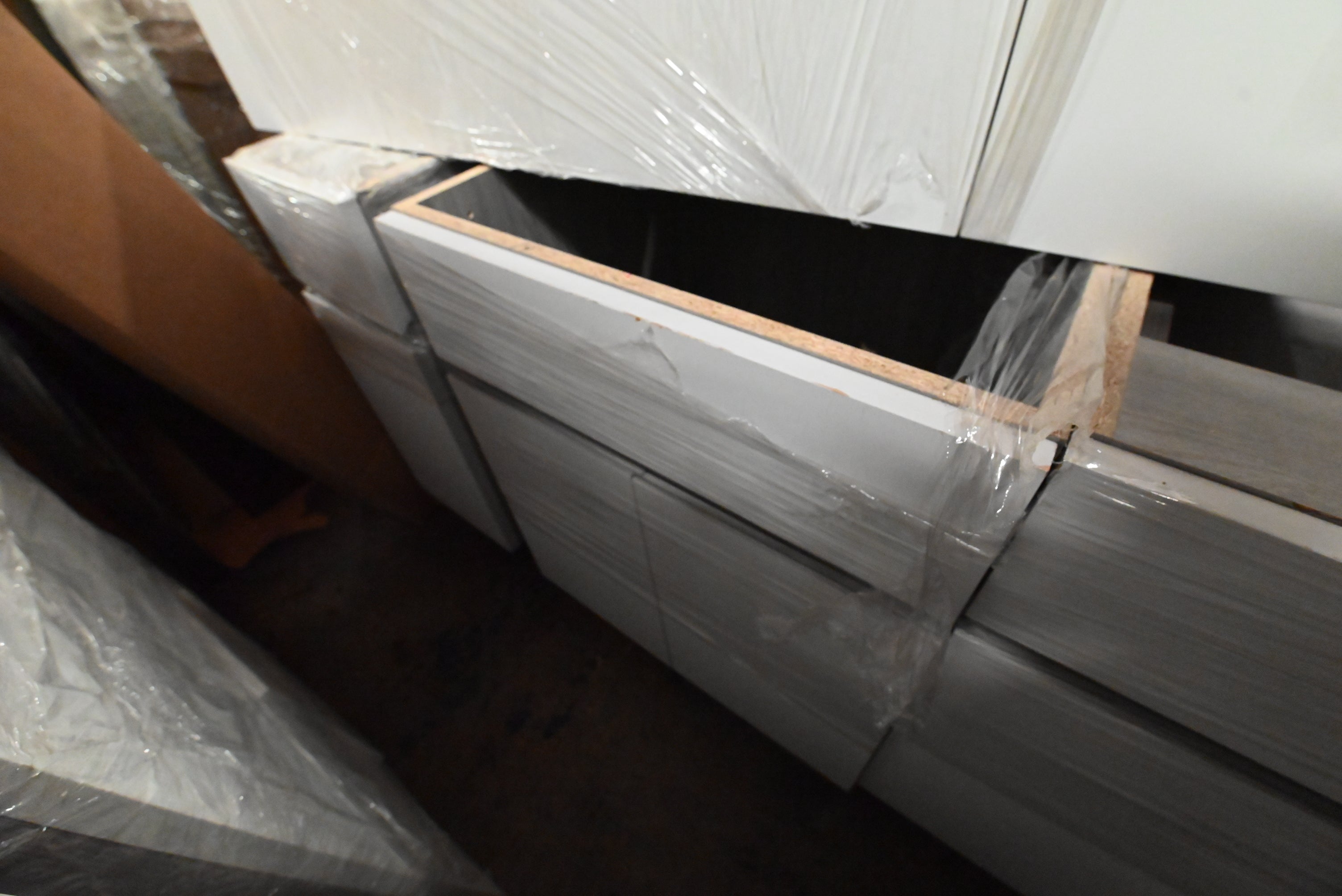 "The Strata" Modern White Textured Wood Kitchen with Island and Quartz Countertops