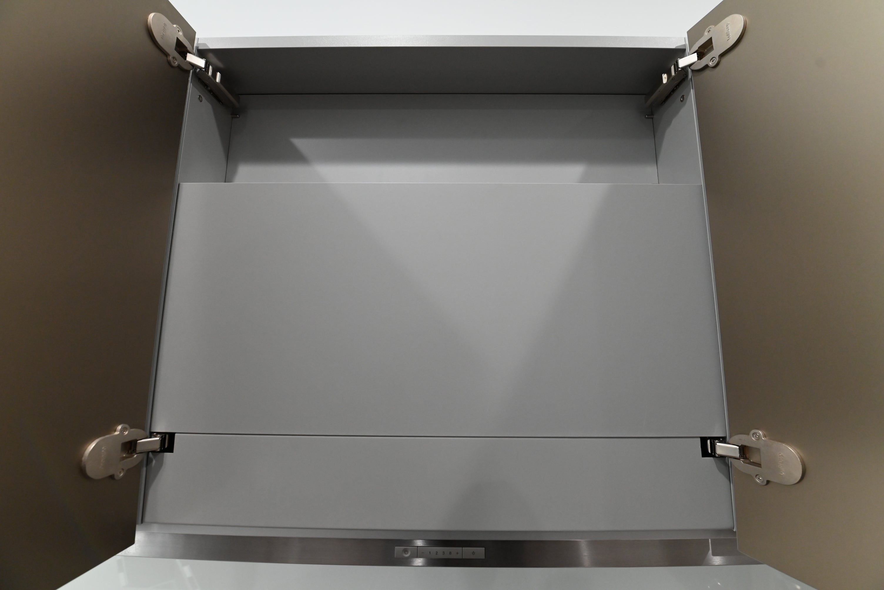 Bulthaup Modern Metallic Bronze Upper Cabinets with Glass Backsplash and Miele Hood Insert