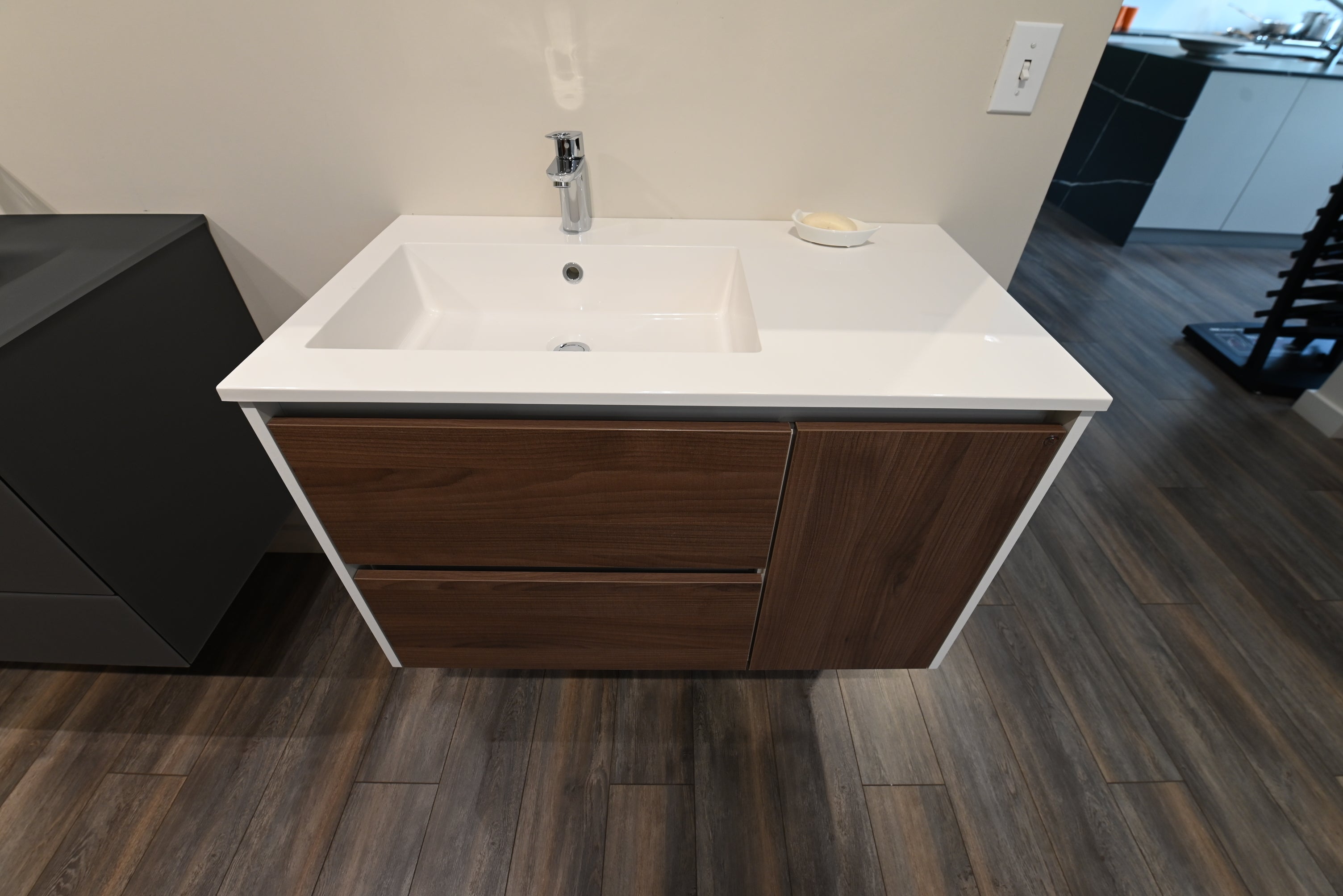 Custom modern 36 inch sand wood finish single floating vanity with integrated seamless white sink top and chrome faucet front view