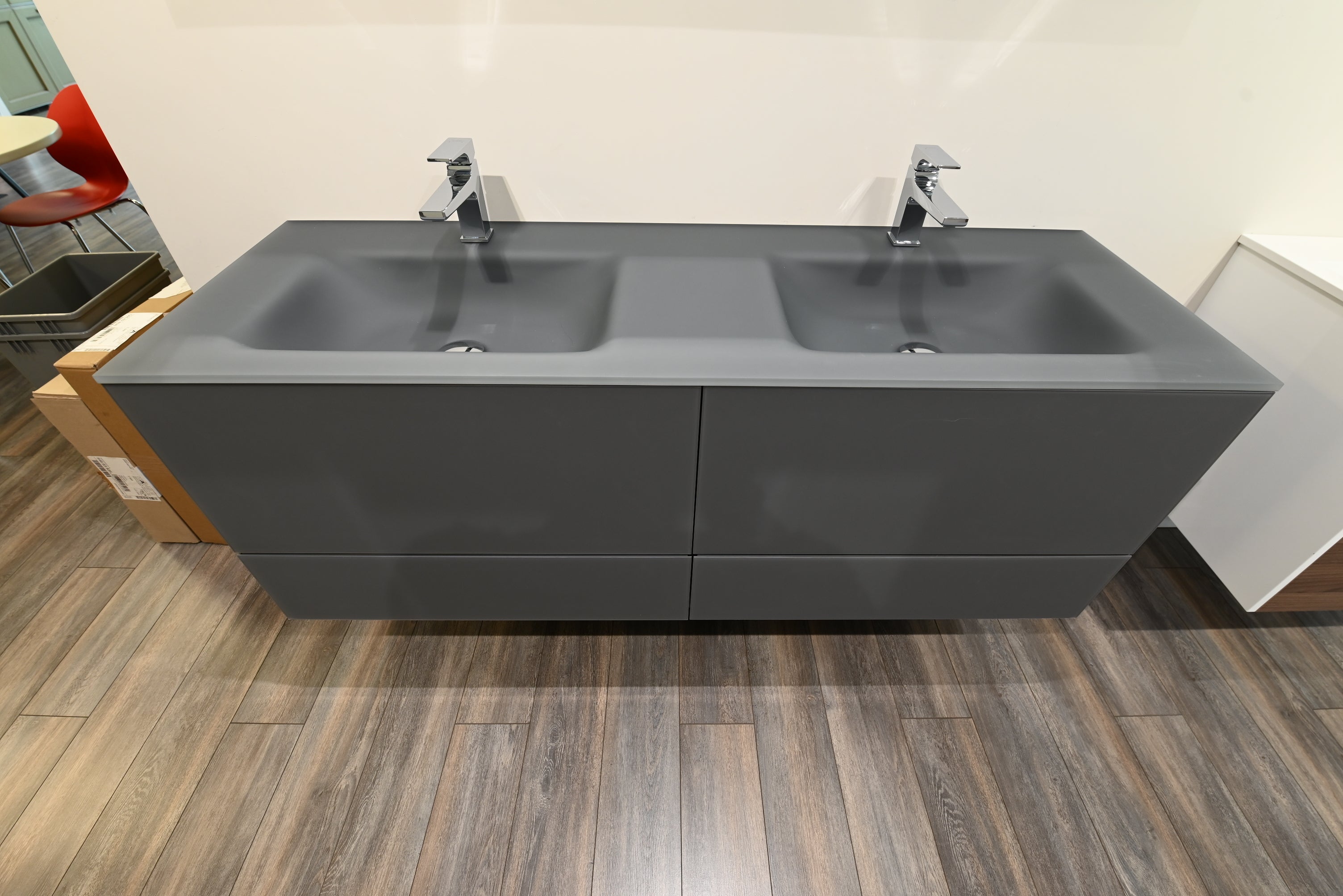 Modern 55.5" Grey Double Floating Vanity with Integrated Glass Top & Faucets