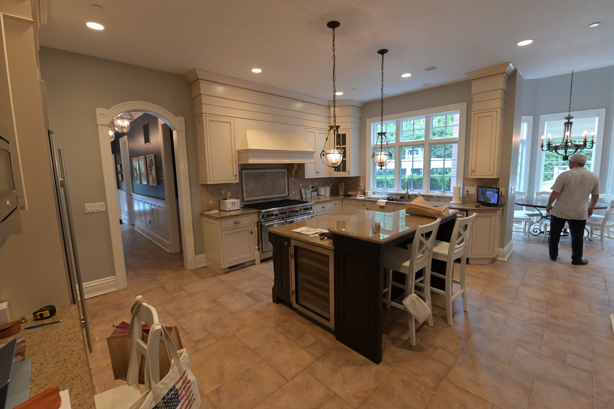 Omega Transitional Linen White Kitchen with Black Island
