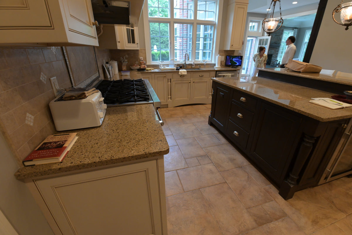 Omega Transitional Linen White Kitchen with Black Island