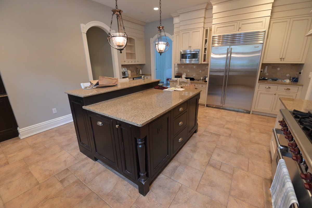 Omega Transitional Linen White Kitchen with Black Island