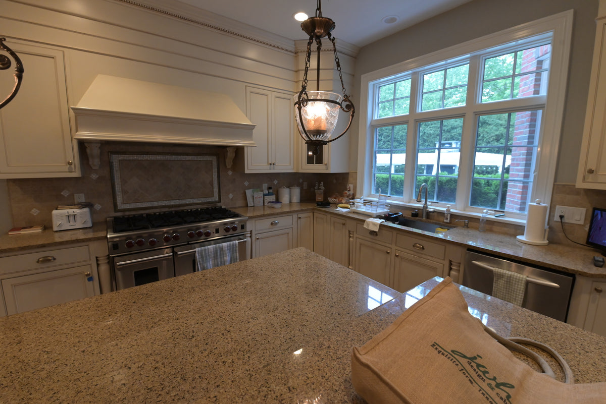 Omega Transitional Linen White Kitchen with Black Island