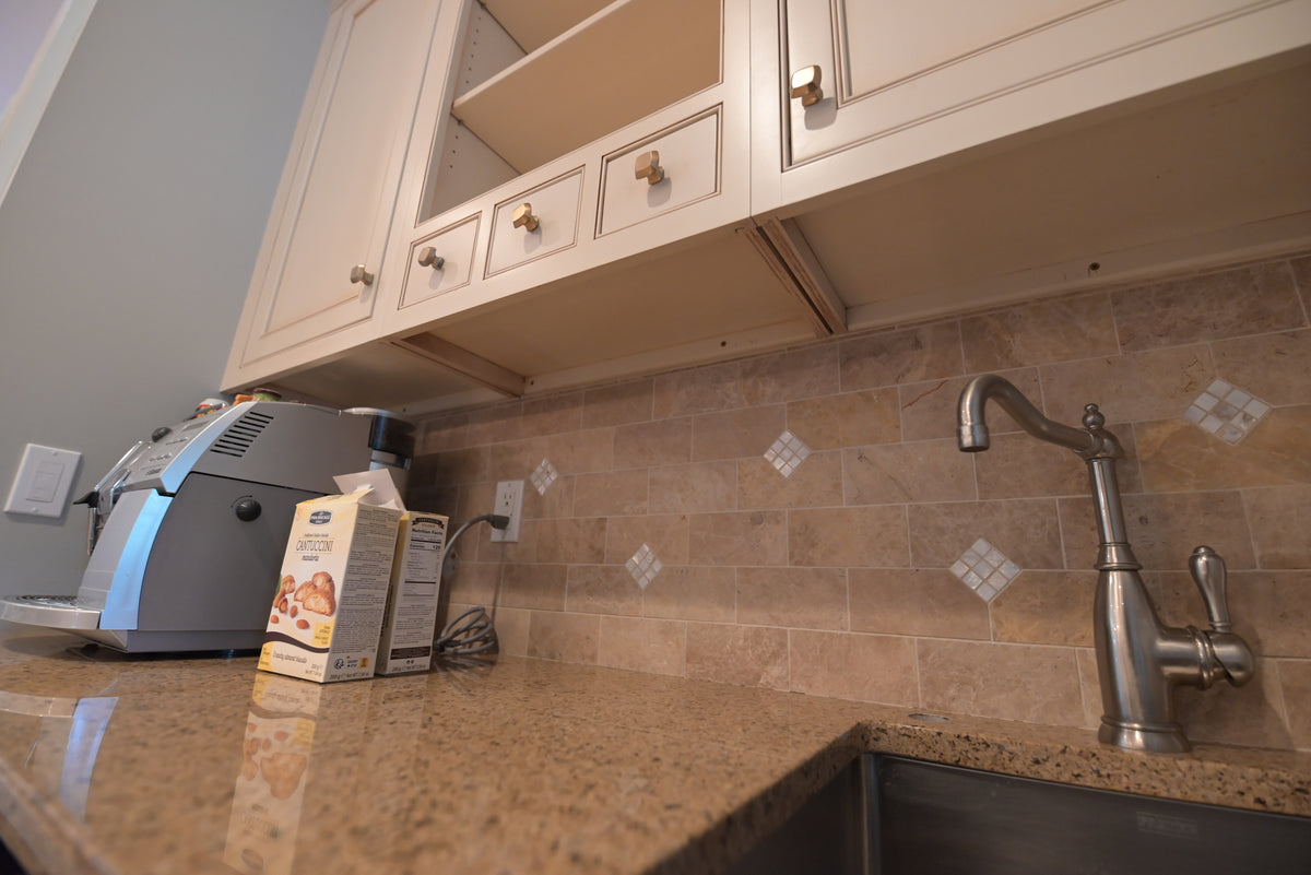 Omega Transitional Linen White Kitchen with Black Island