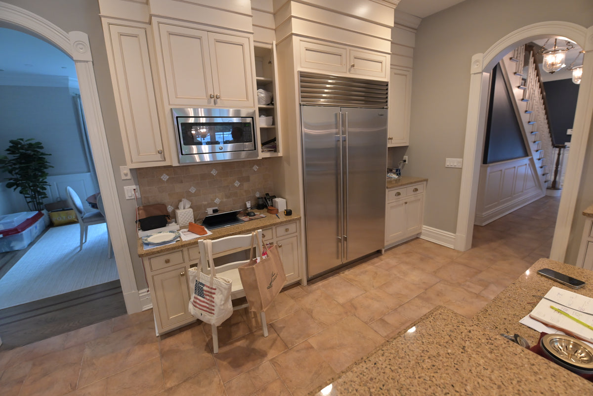 Omega Transitional Linen White Kitchen with Black Island