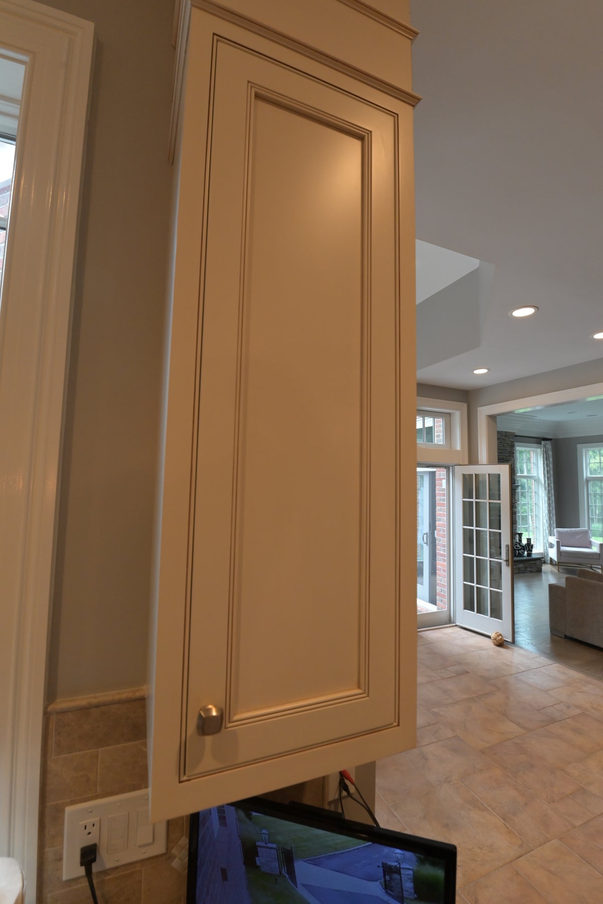 Omega Transitional Linen White Kitchen with Black Island