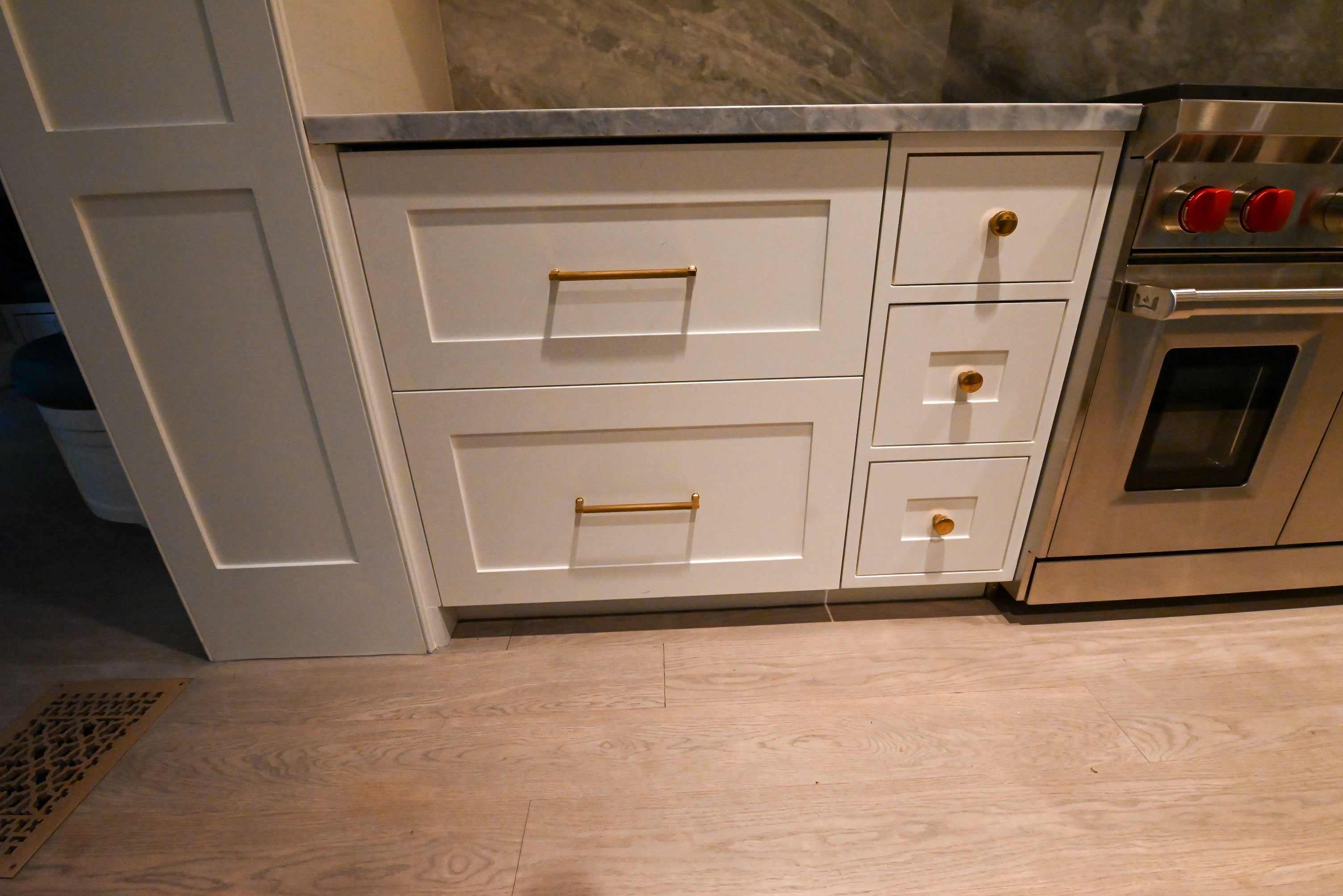 "The Windermere" Transitional White Kitchen with Island & Sub-Zero 648PROG