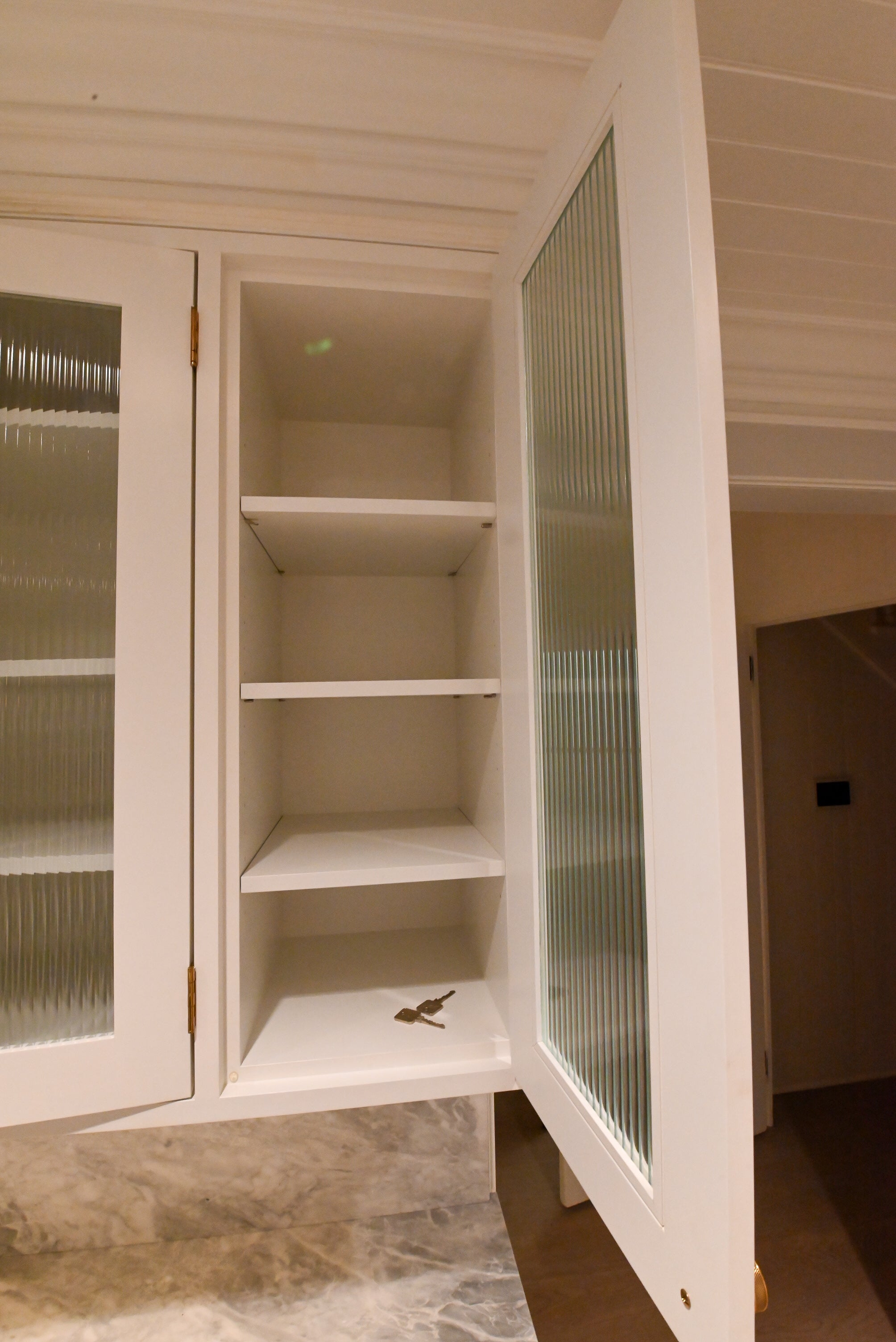"The Windermere" Transitional White Kitchen with Island & Sub-Zero 648PROG