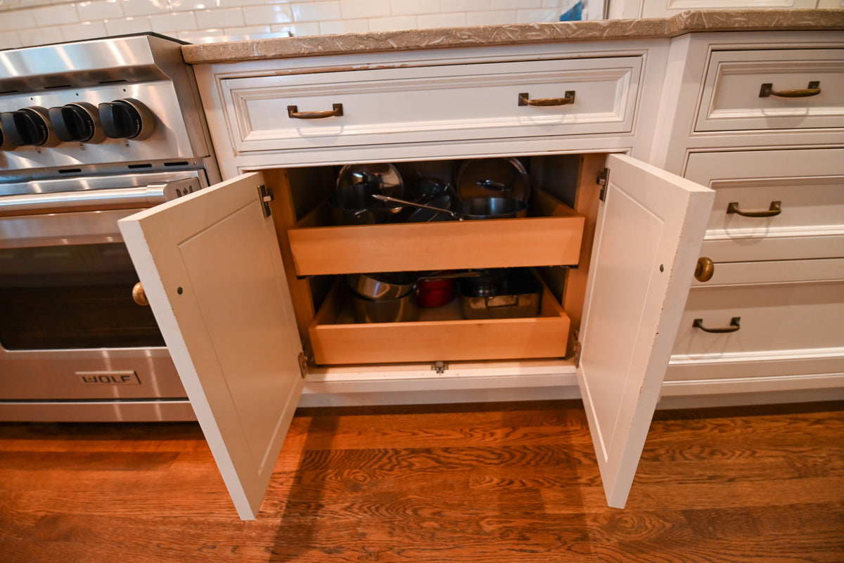 "The Montclair" Transitional White Kitchen with Island & Wolf 48" Range