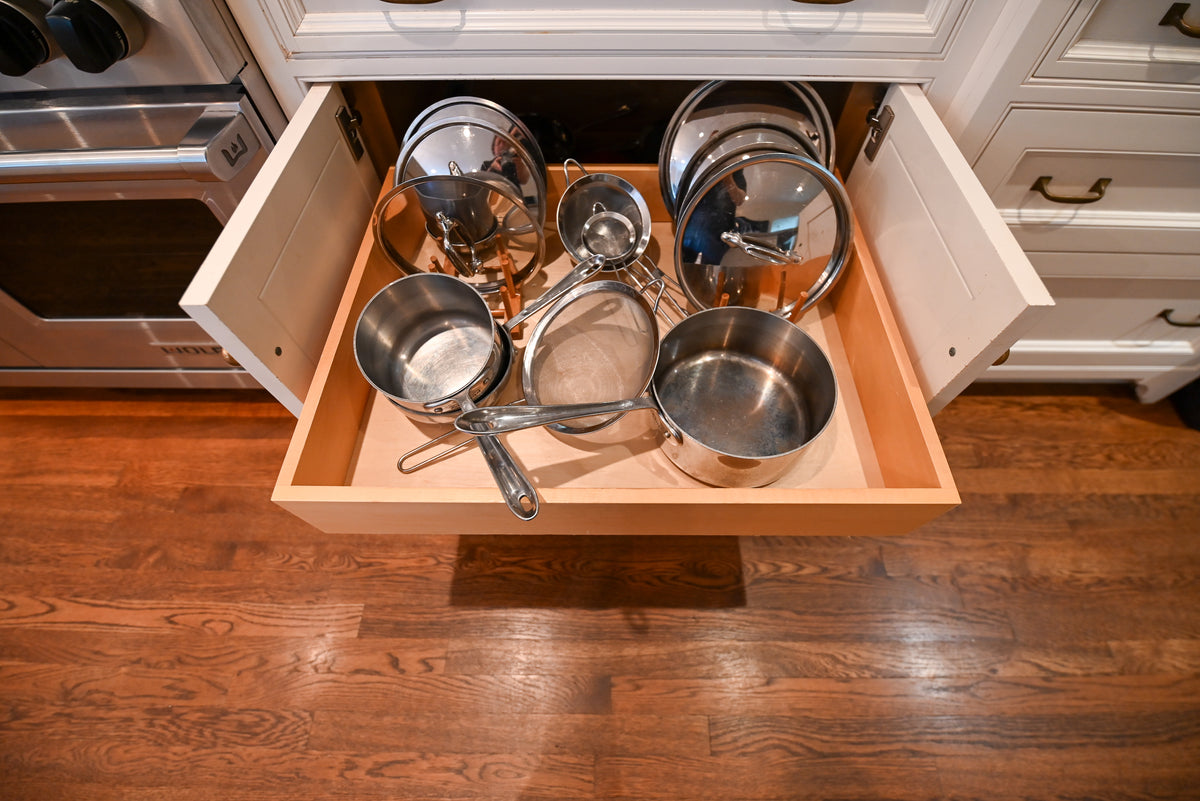 "The Montclair" Transitional White Kitchen with Island & Wolf 48" Range