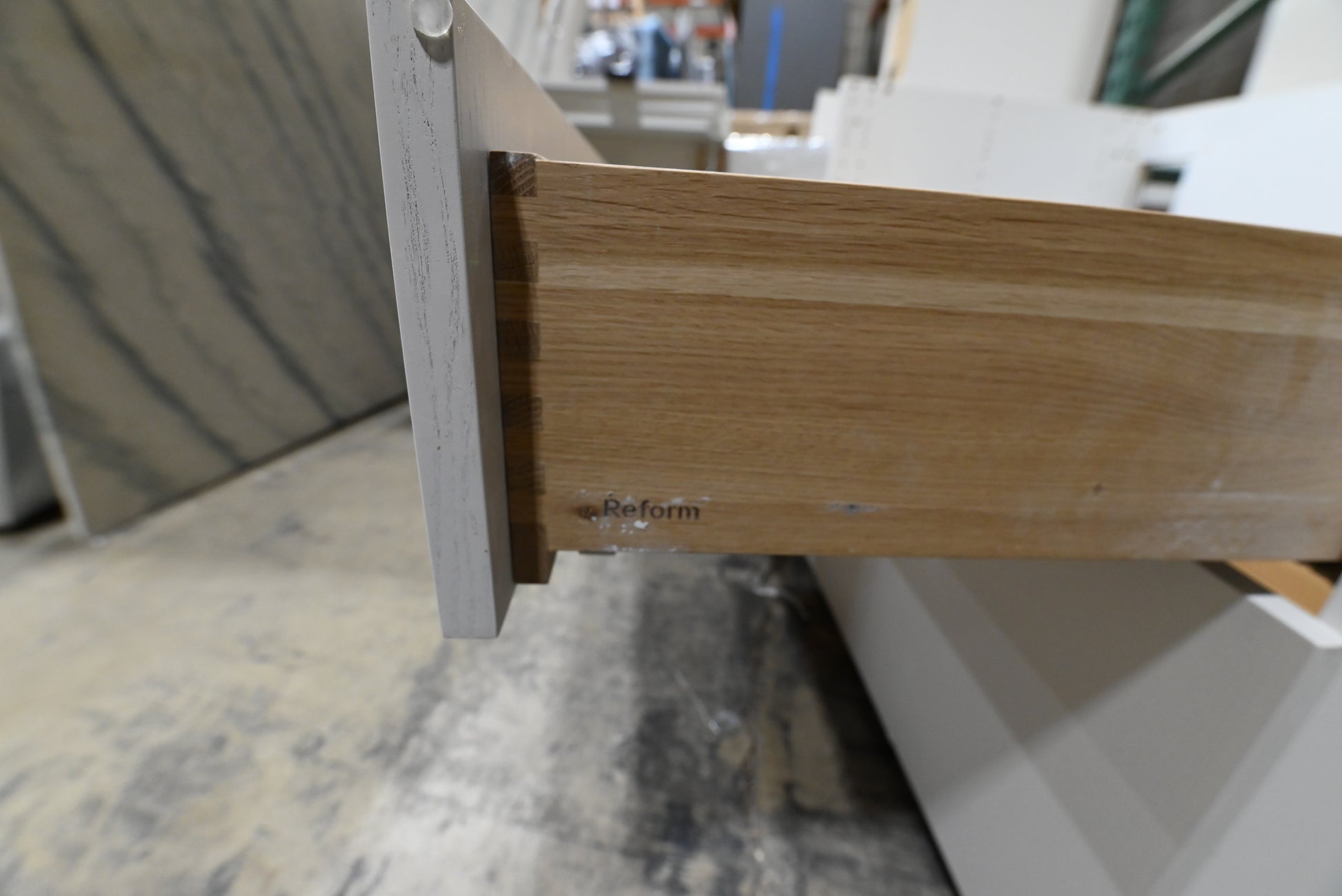 Reform Modern White Partial Kitchen Cabinets with Marble Countertop, Sink and Faucet