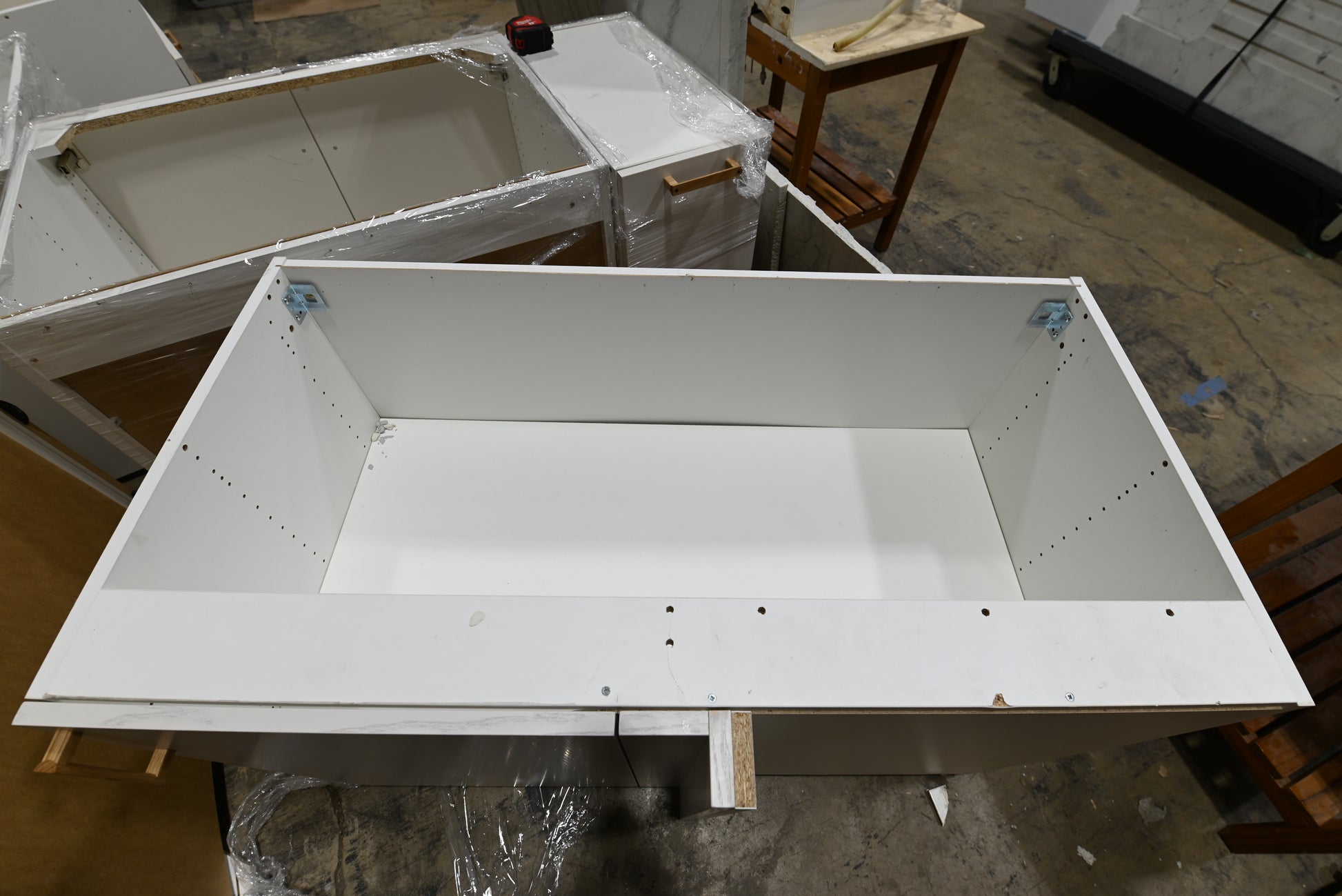 Reform Modern White Partial Kitchen Cabinets with Marble Countertop, Sink and Faucet