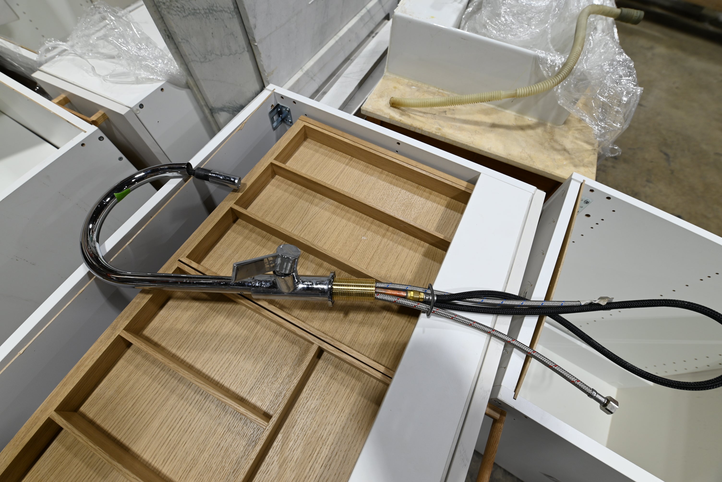 Reform Modern White Partial Kitchen Cabinets with Marble Countertop, Sink and Faucet