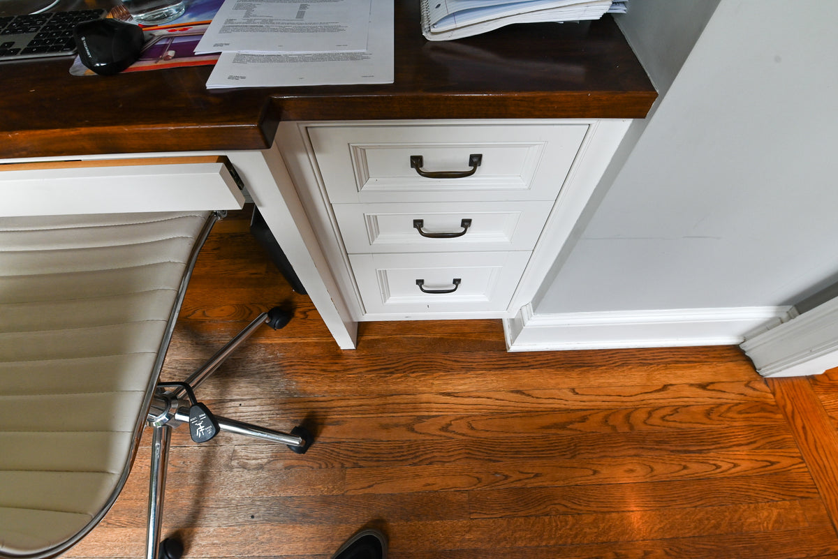 Custom Transitional White Built-In Desk System with Wood Top