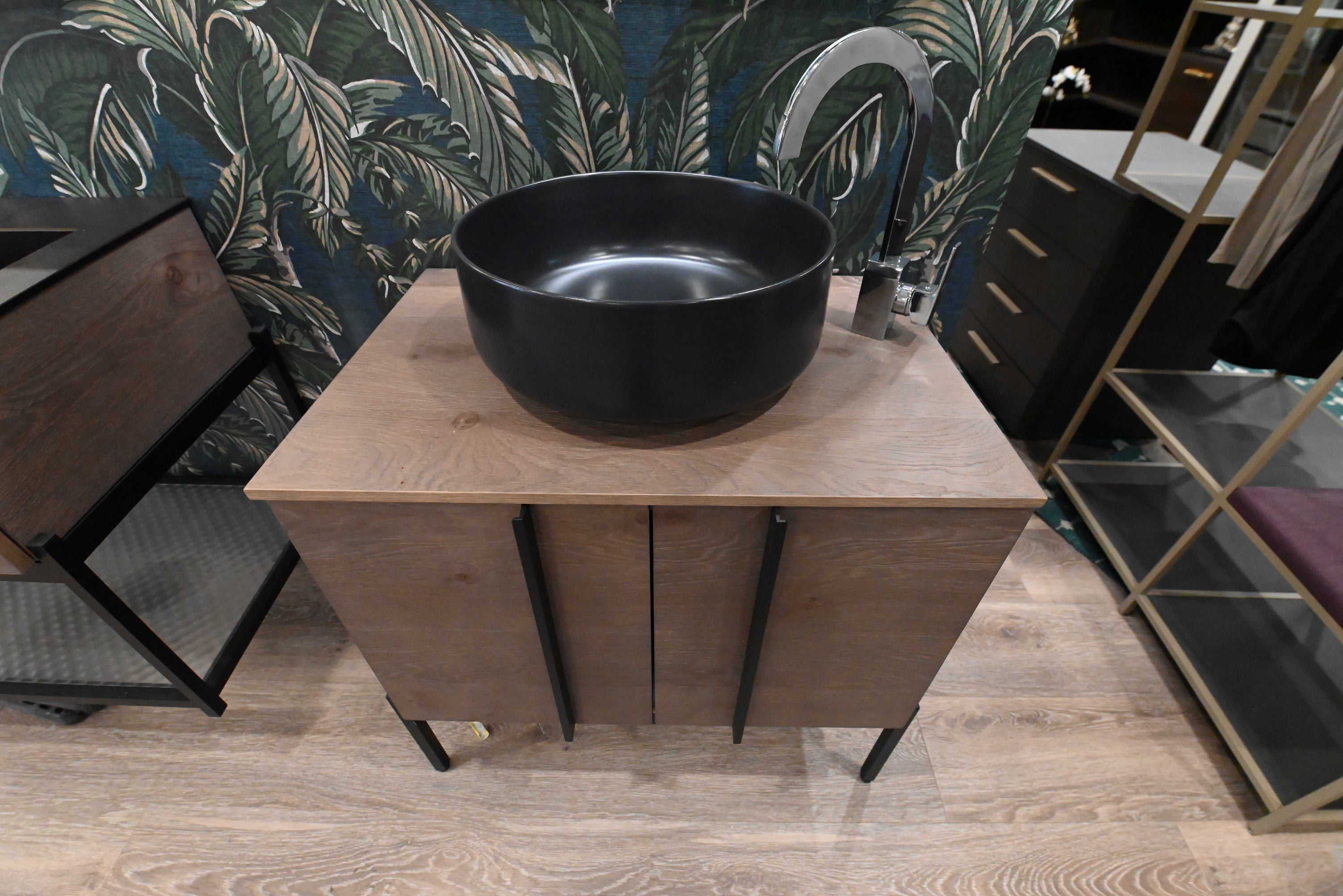 Birex 30" Modern Wall Mount Vanity with Black Top Mount Vessel Sink and Faucet