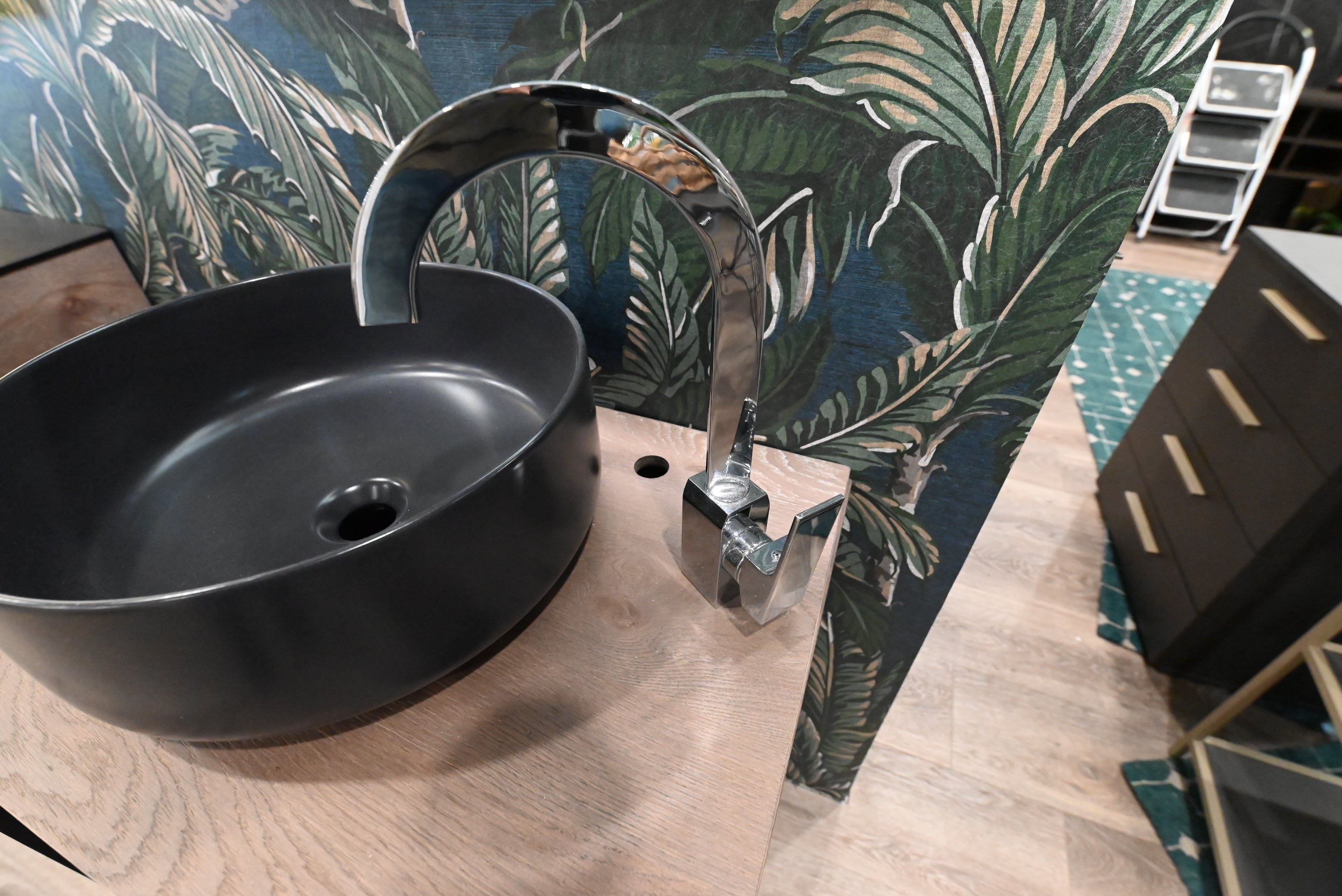 Birex 30" Modern Wall Mount Vanity with Black Top Mount Vessel Sink and Faucet