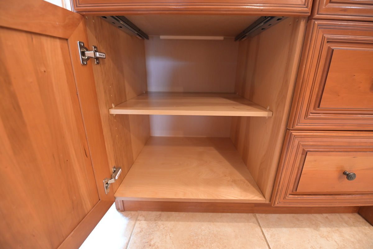 Aurora Circ traditional wooden kitchen cabinet with open shelf and detailed raised panel drawer fronts