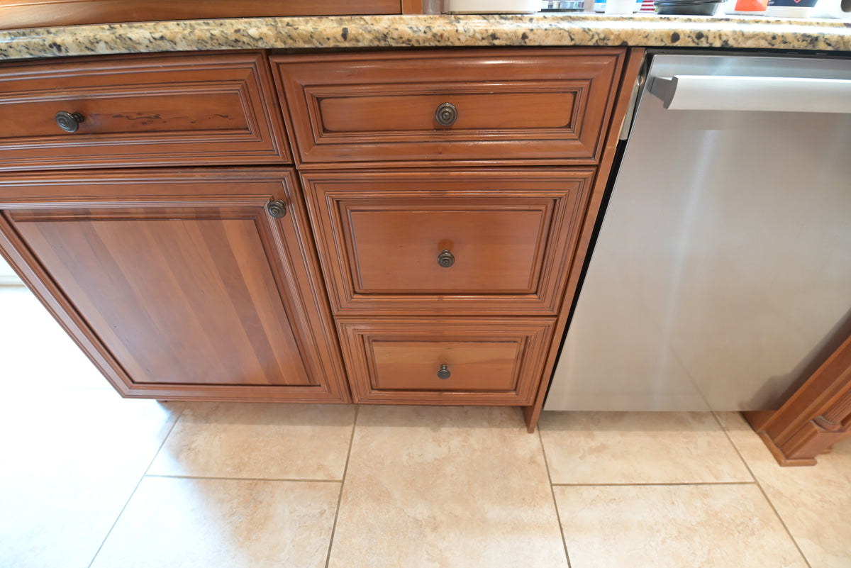 Aurora Circ traditional wood kitchen cabinets with raised panel doors and drawers beside a dishwasher beneath a granite countertop