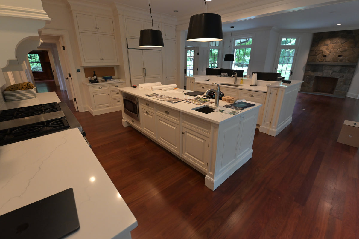 "The Sovereign" Transitional White Kitchen with Double Island & Wolf 48" Range