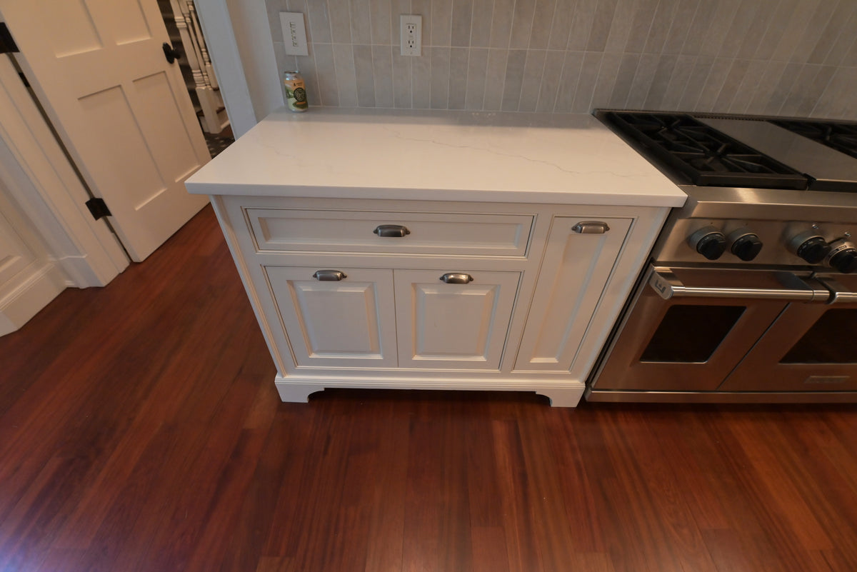 "The Sovereign" Transitional White Kitchen with Double Island & Wolf 48" Range