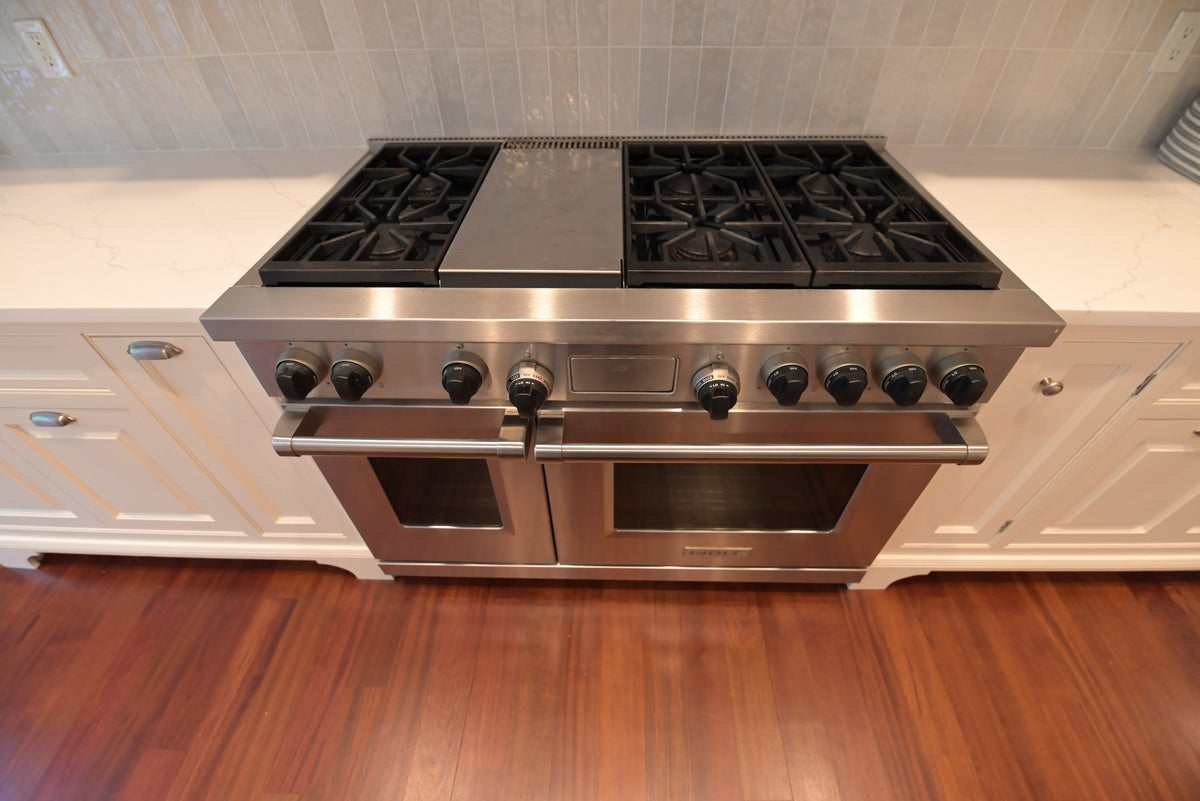 "The Sovereign" Transitional White Kitchen with Double Island & Wolf 48" Range