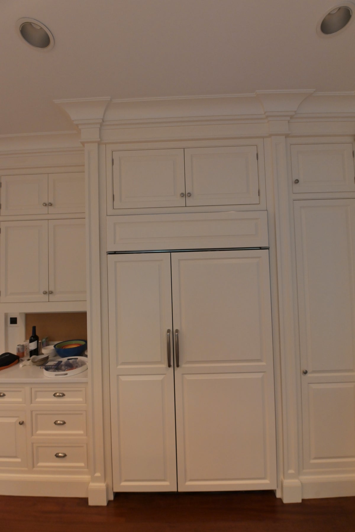 "The Sovereign" Transitional White Kitchen with Double Island & Wolf 48" Range