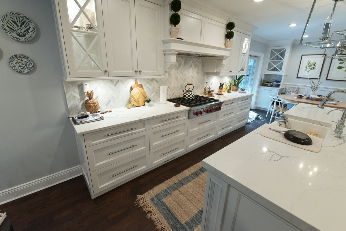 "The Claridge" Transitional White Kitchen with Island & Wolf Appliances