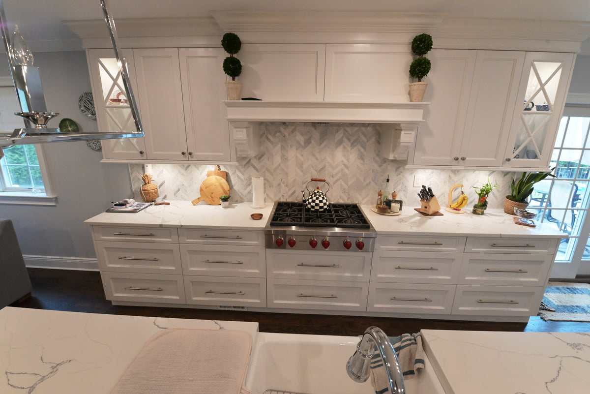 "The Claridge" Transitional White Kitchen with Island & Wolf Appliances
