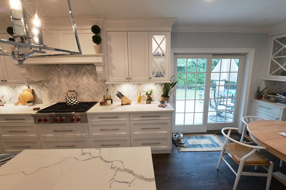 "The Claridge" Transitional White Kitchen with Island & Wolf Appliances