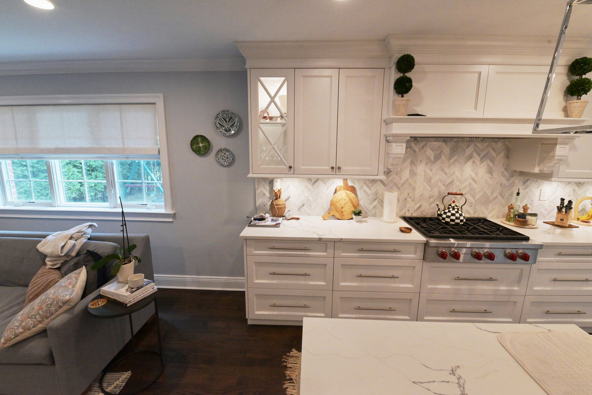 "The Claridge" Transitional White Kitchen with Island & Wolf Appliances
