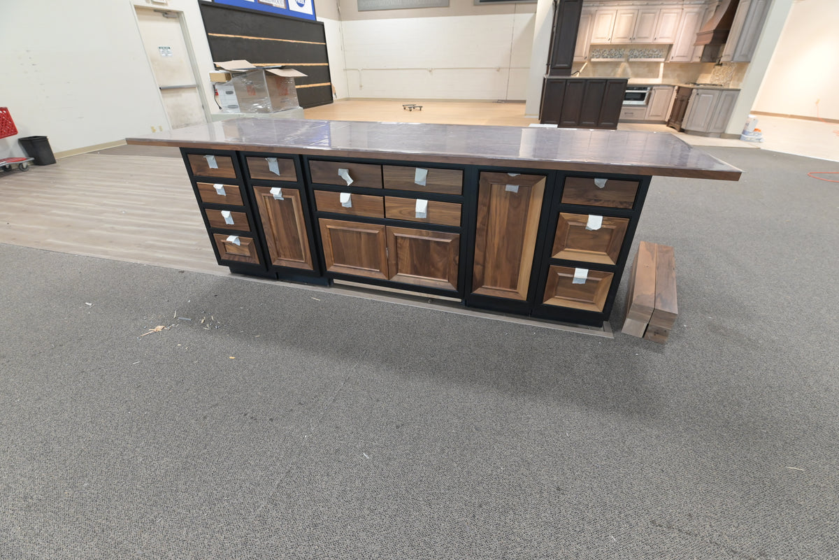Omega Natural Wood and Black Island with Seating Room