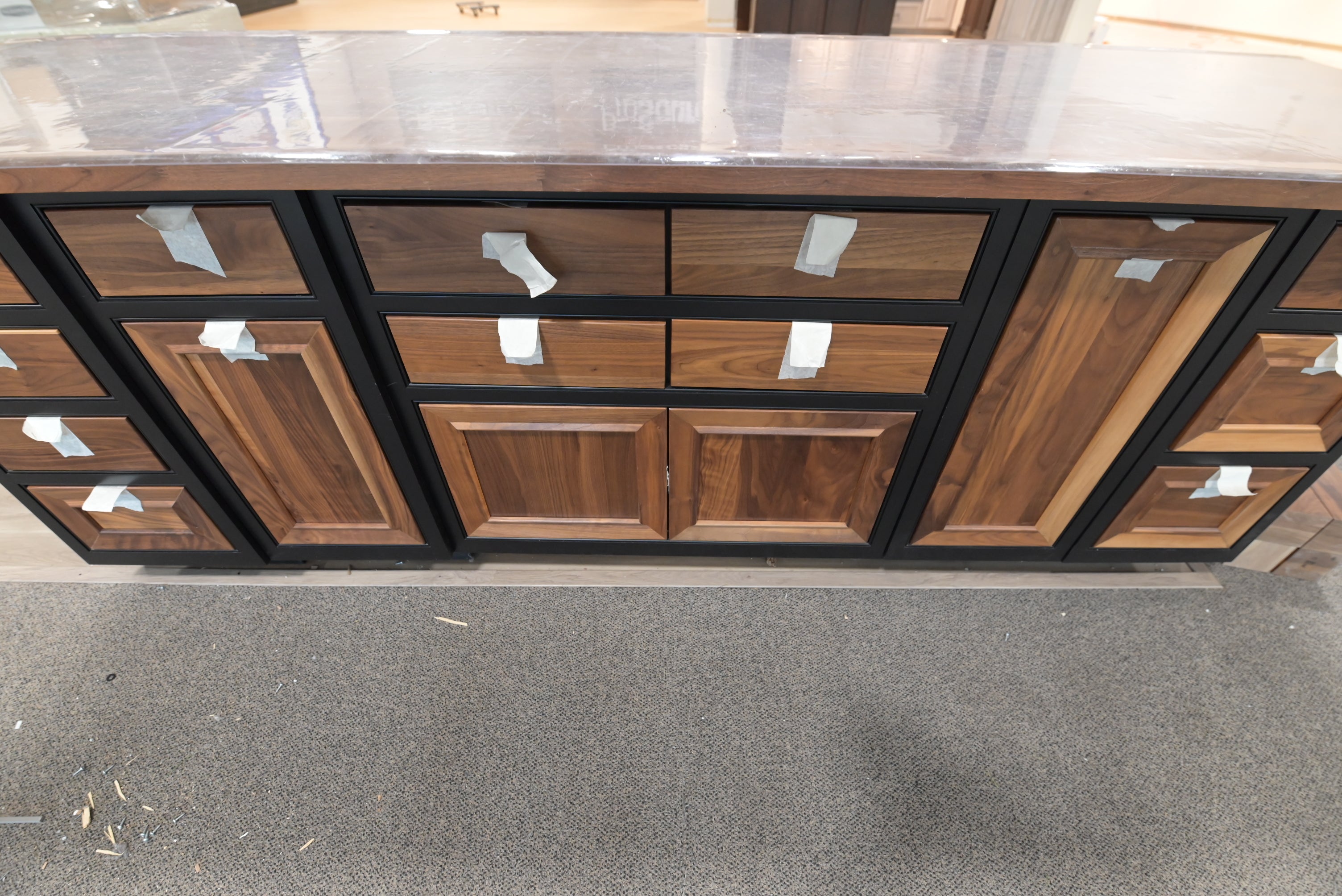 Omega Natural Wood and Black Island with Seating Room