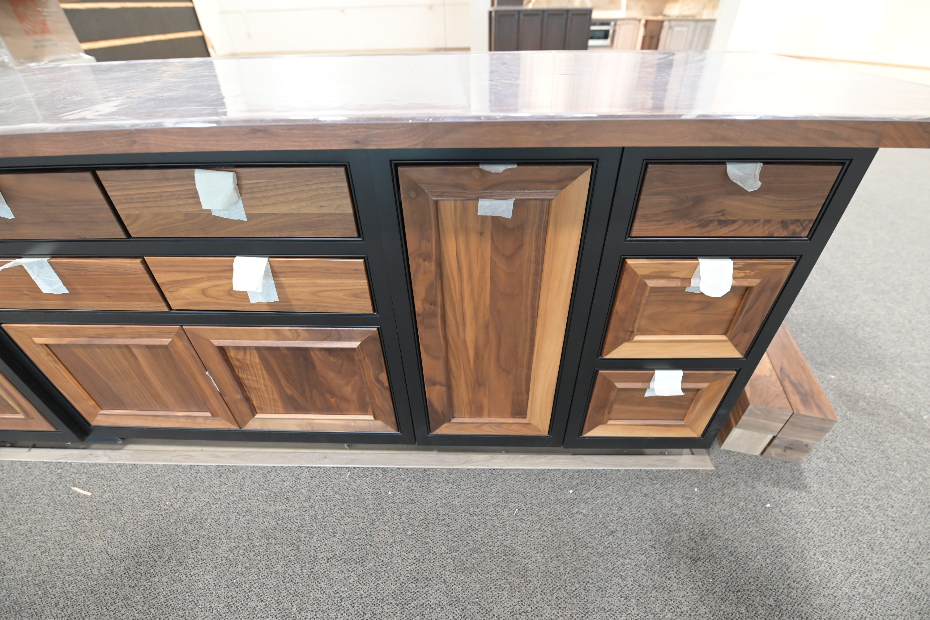 Omega Natural Wood and Black Island with Seating Room