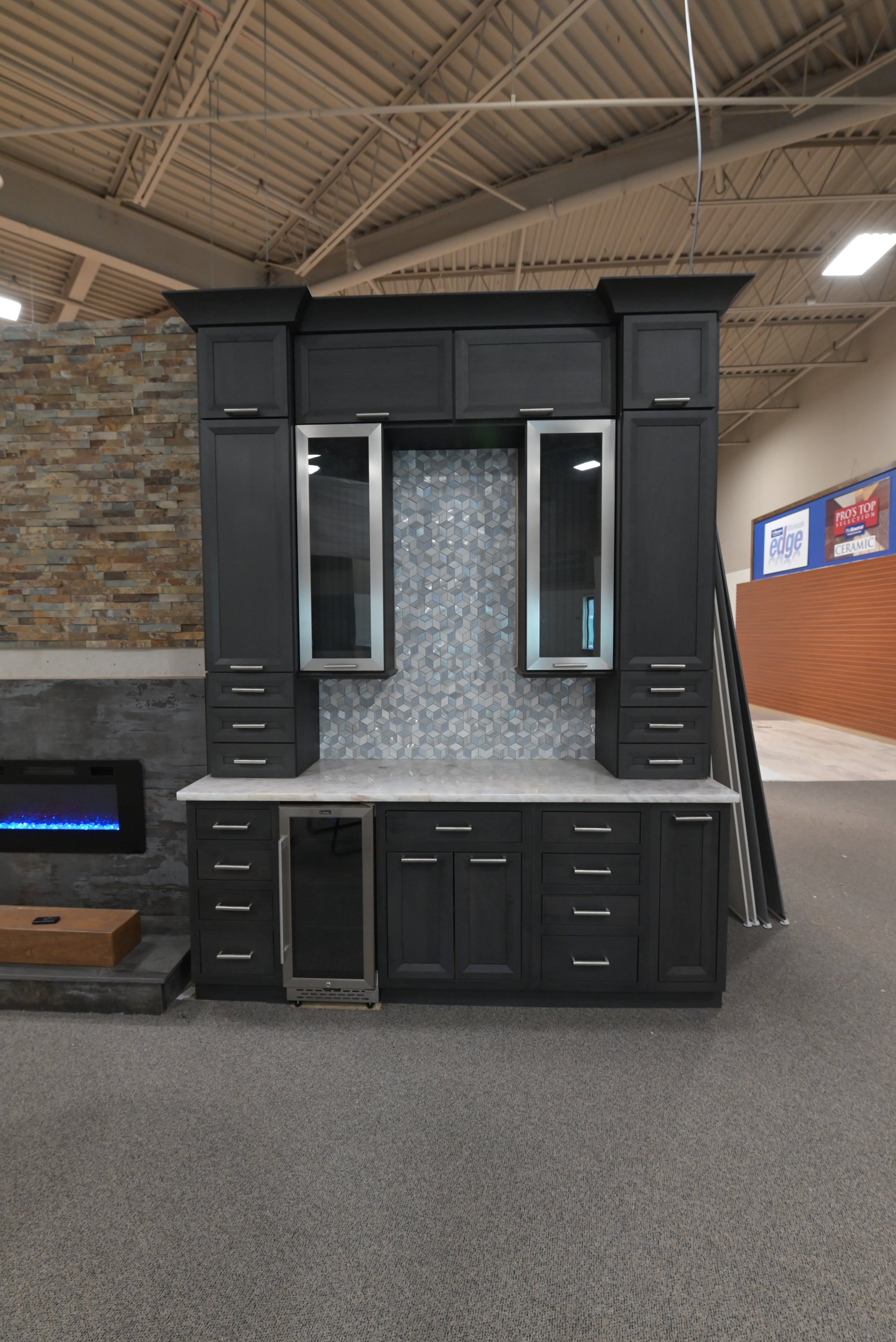 Kemper transitional matte black dry bar with wine cooler and glass cabinets