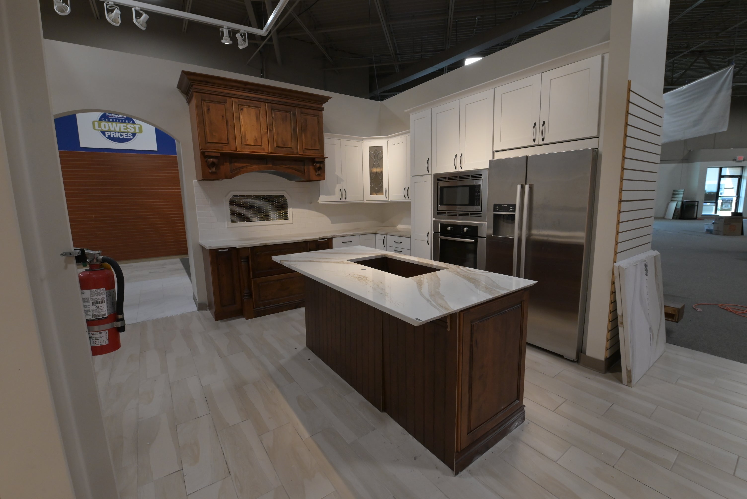 "The Brentwood" Transitional White & Wood Kitchen with Island & Appliances