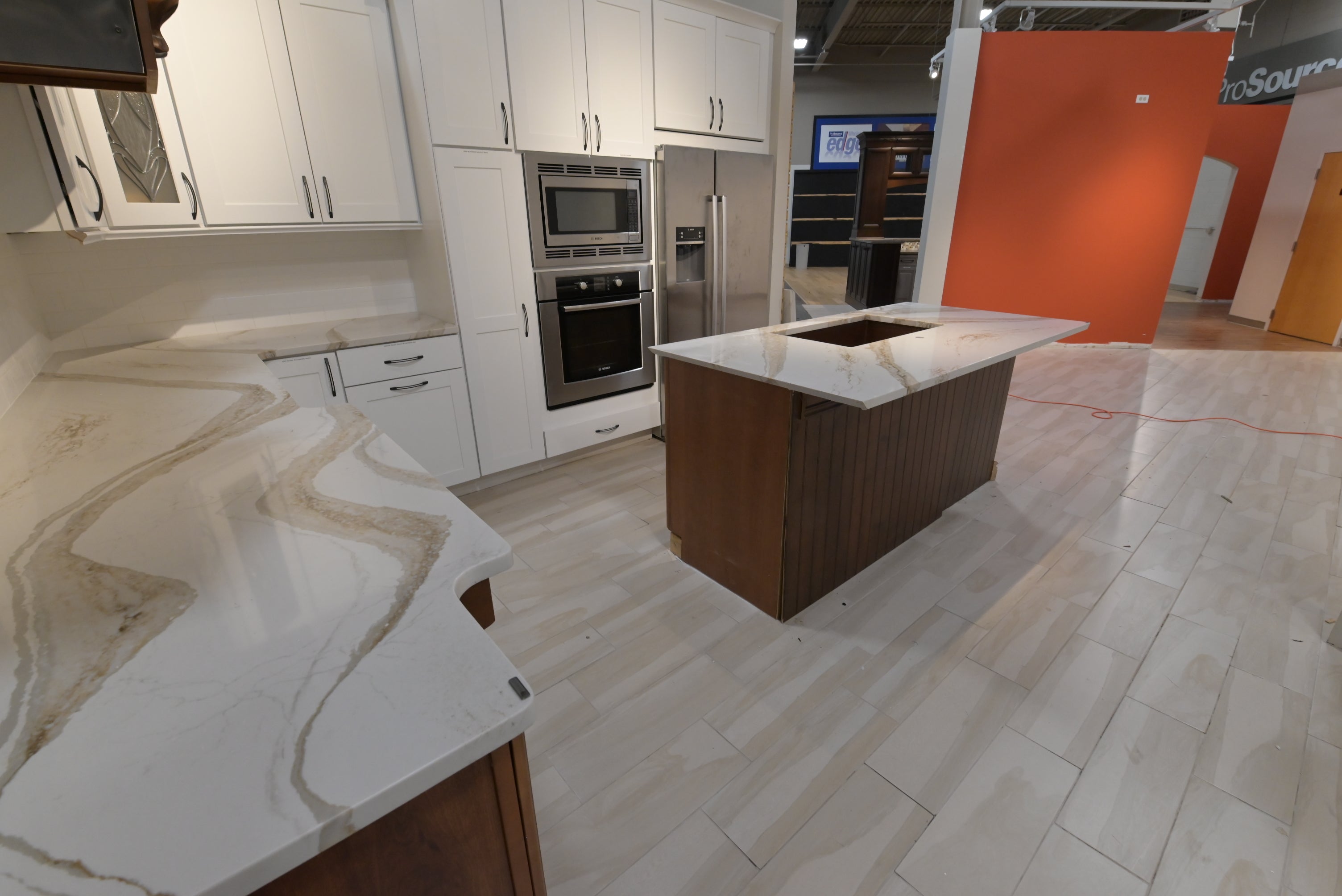 "The Brentwood" Transitional White & Wood Kitchen with Island & Appliances