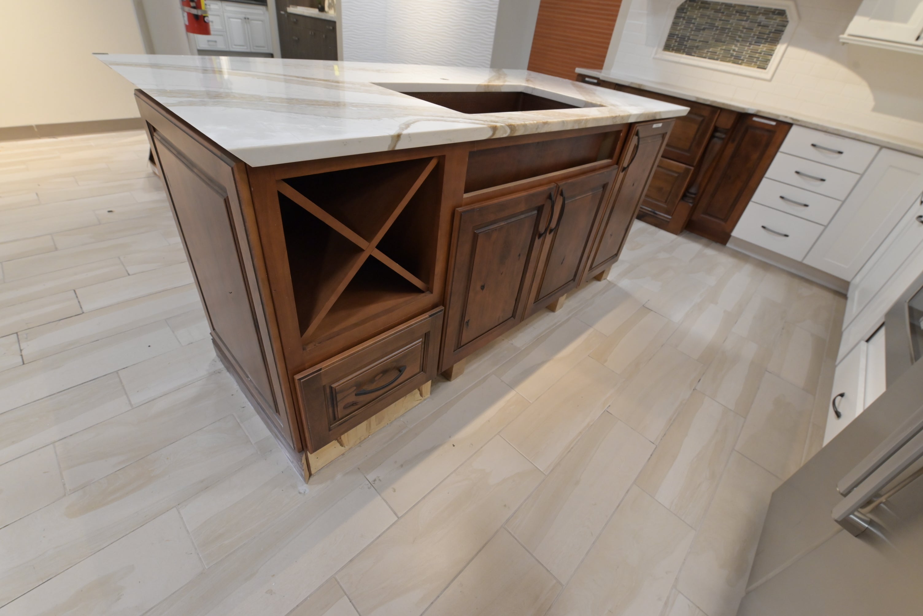 "The Brentwood" Transitional White & Wood Kitchen with Island & Appliances