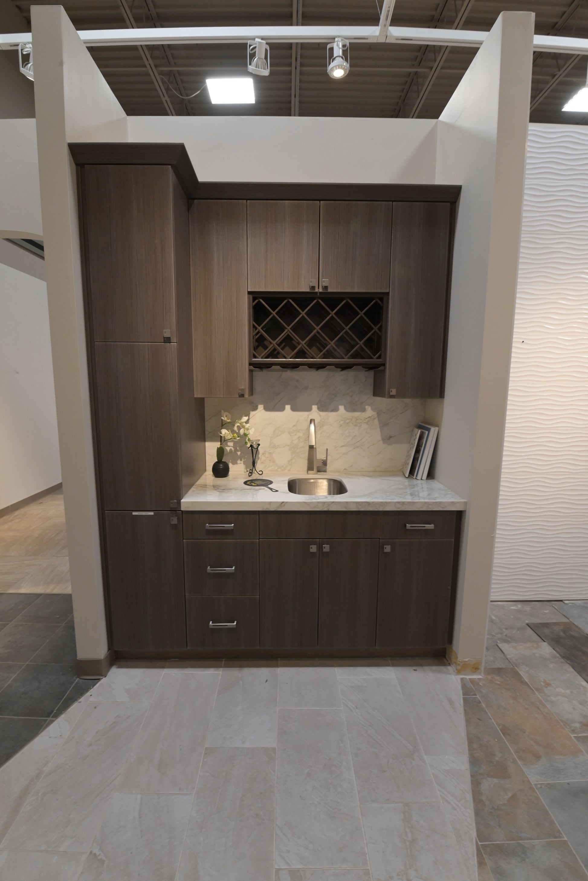Luxury showroom display home bar unit with textured wood finish