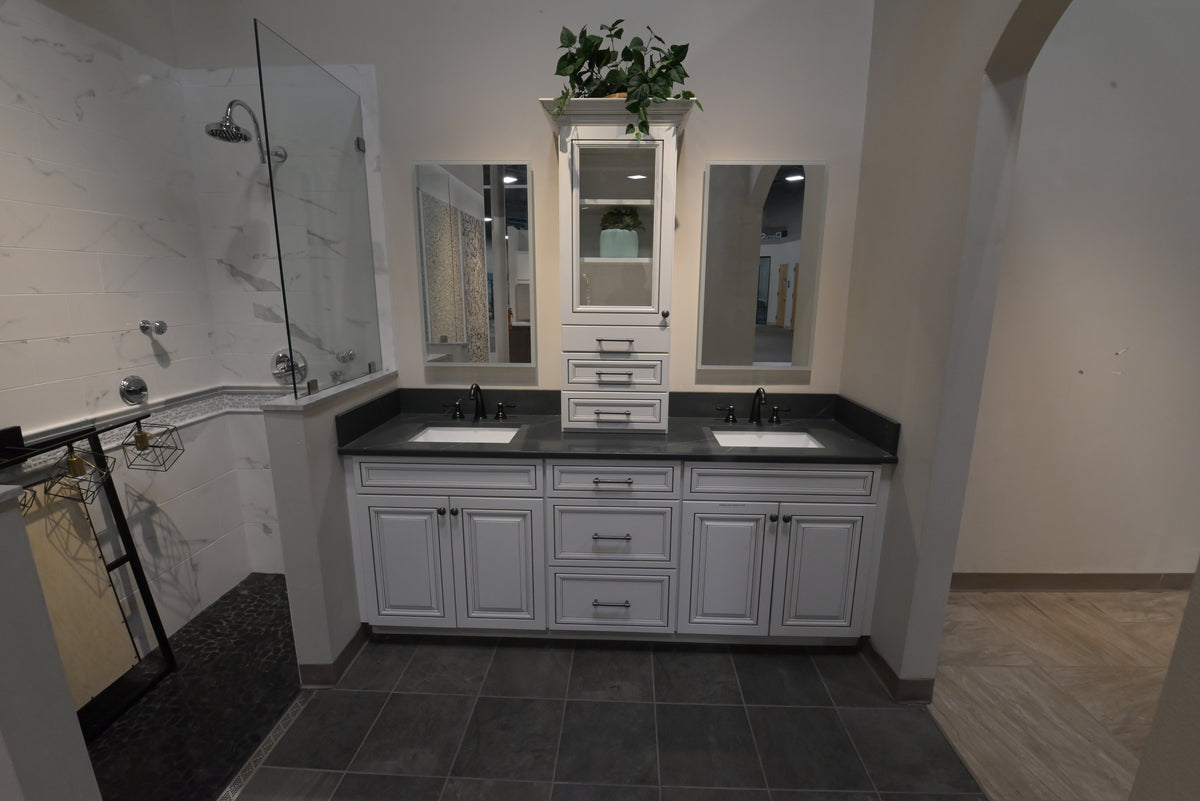 Custom 84 inch traditional white double vanity with raised panel doors