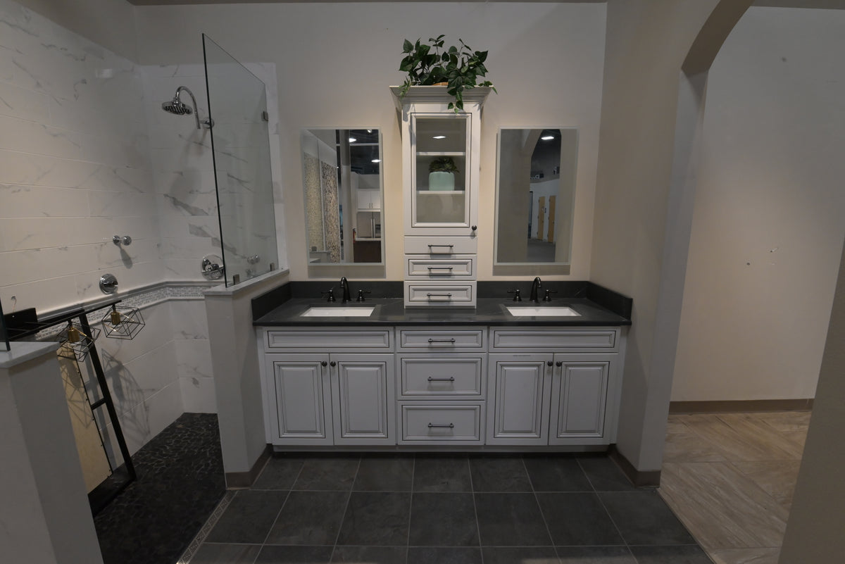 Luxury showroom display architectural bathroom vanity cabinet with dual sink setup