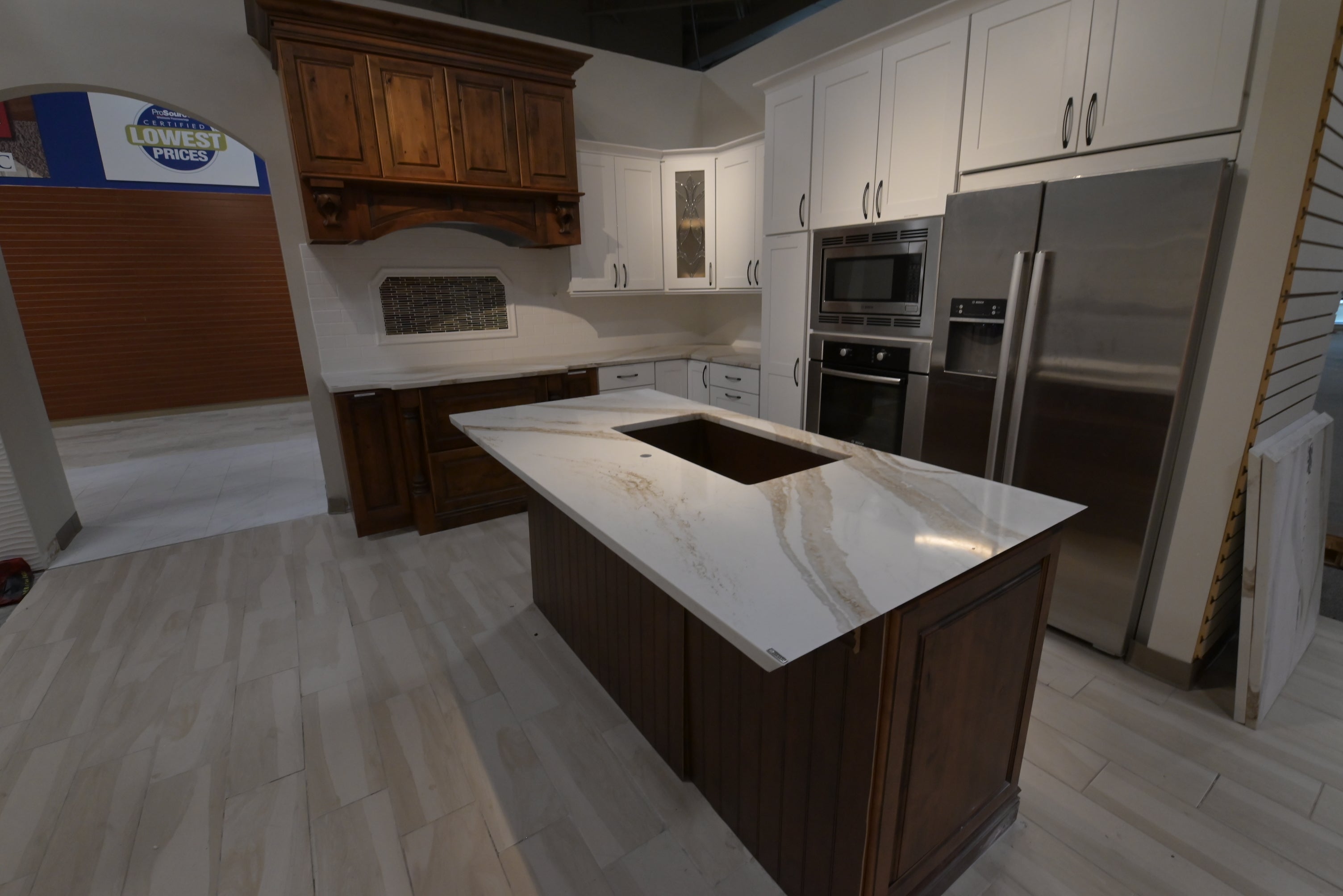 "The Brentwood" Transitional White & Wood Kitchen with Island & Appliances