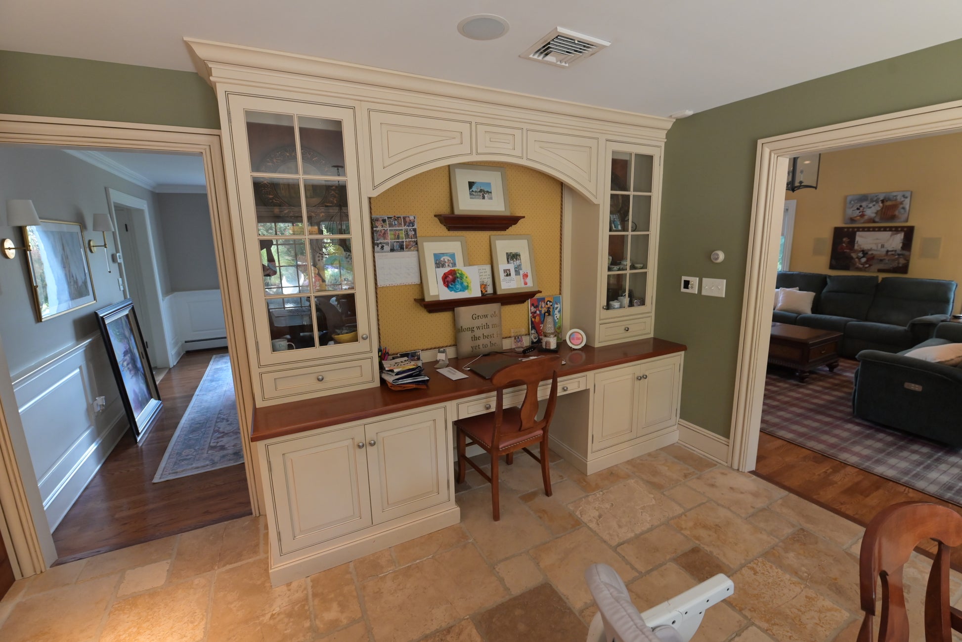 Traditional style architectural built-in wooden desk in bright white finish